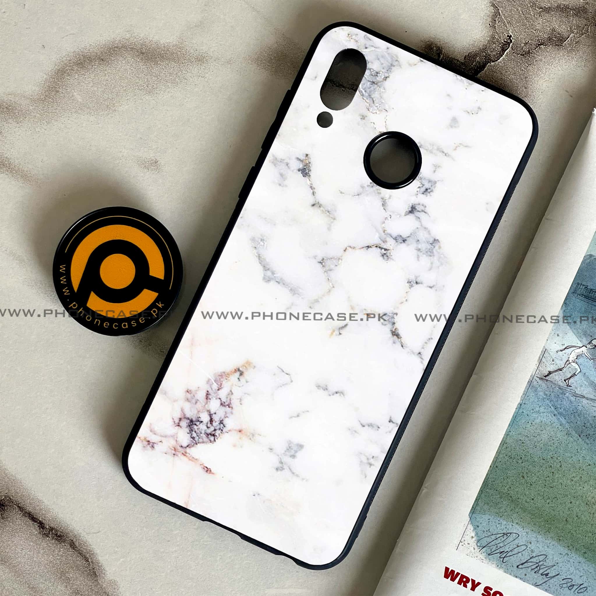 Huawei Honor Play - White Marble Series - Premium Printed Glass soft Bumper shock Proof Case