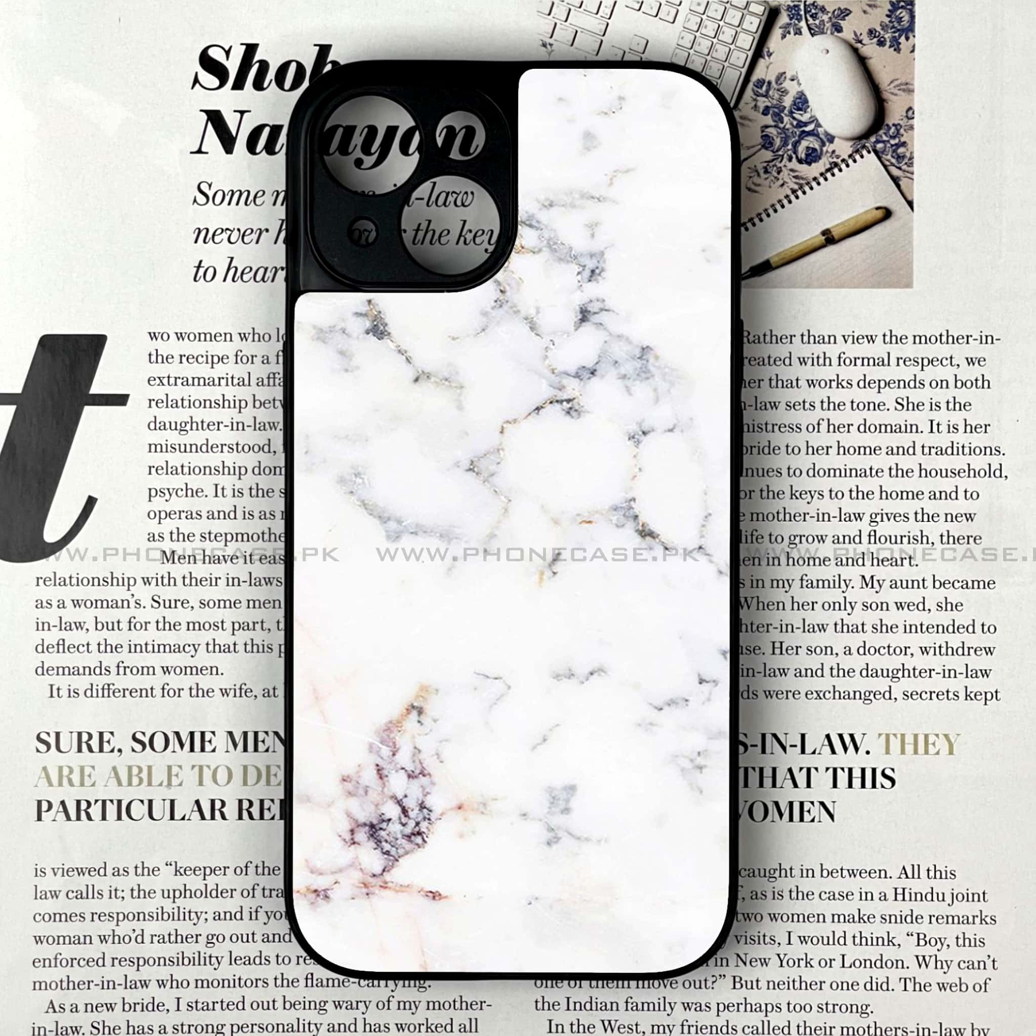 iPhone 13  - White  Marble Series - Premium Printed Glass soft Bumper shock Proof Case