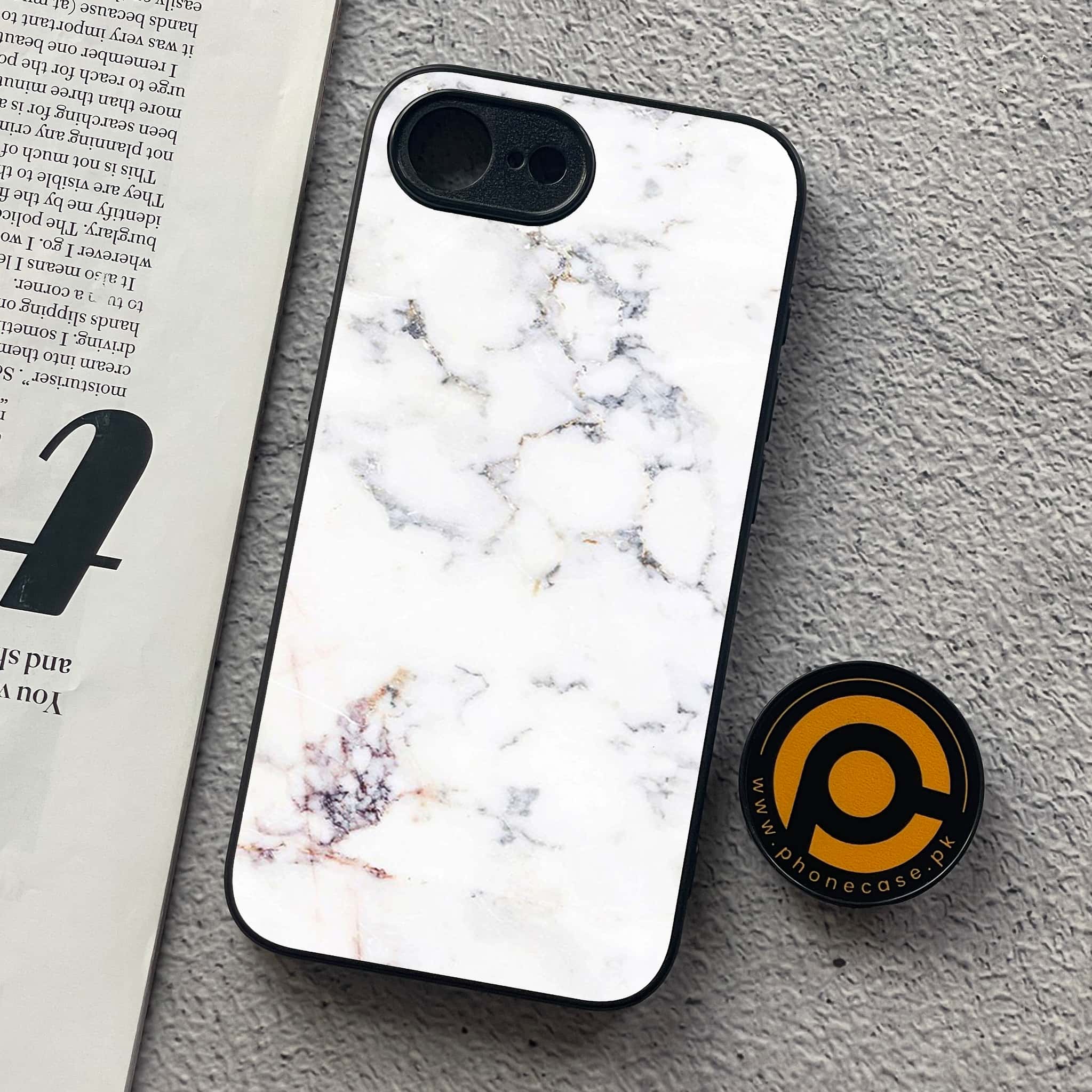 iPhone 16e - White Marble Series - Premium Metal  Printed soft Bumper shock Proof Case