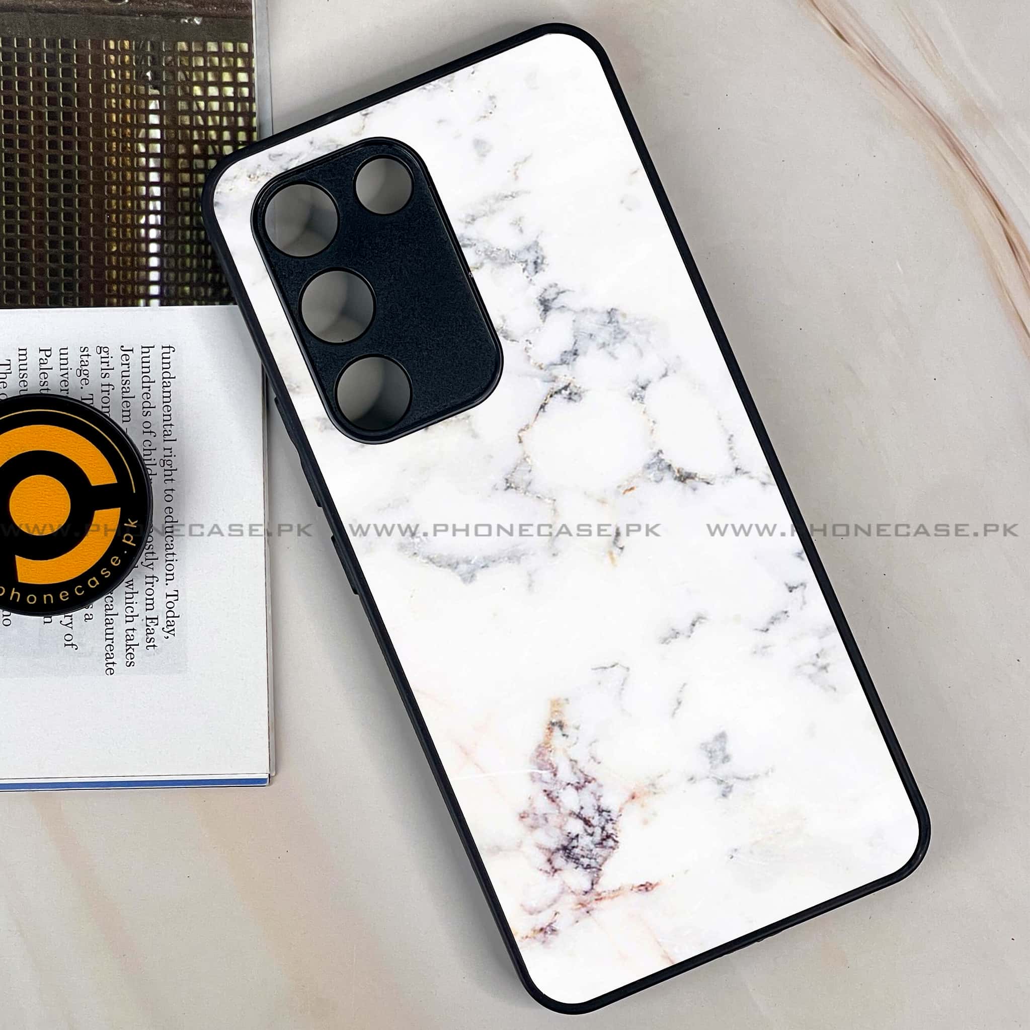 Vivo Y200e - White Marble series - Premium Metal Printed soft Bumper shock Proof Case