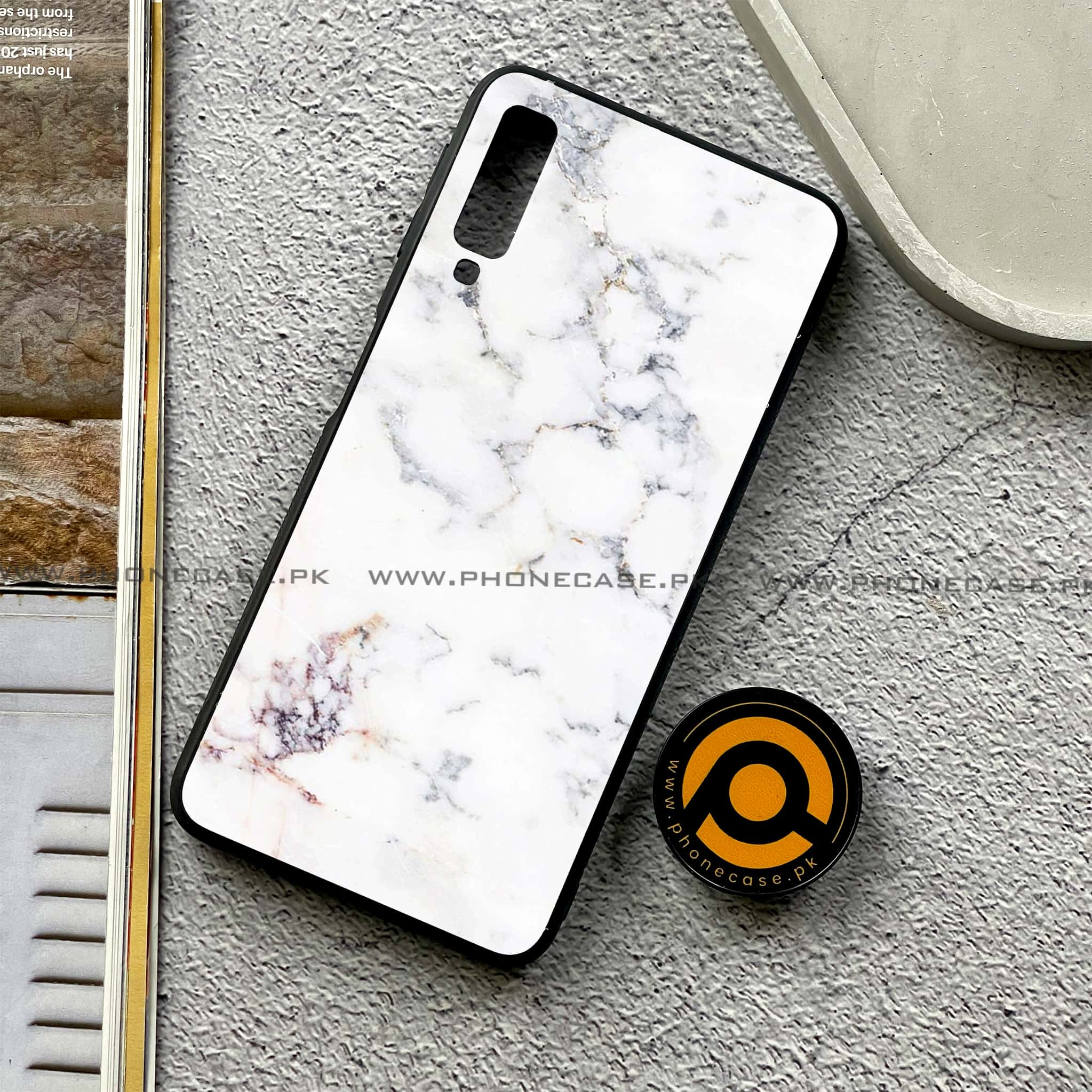 Galaxy A7 2018 - White Marble series - Premium Printed Metal soft Bumper shock Proof Case