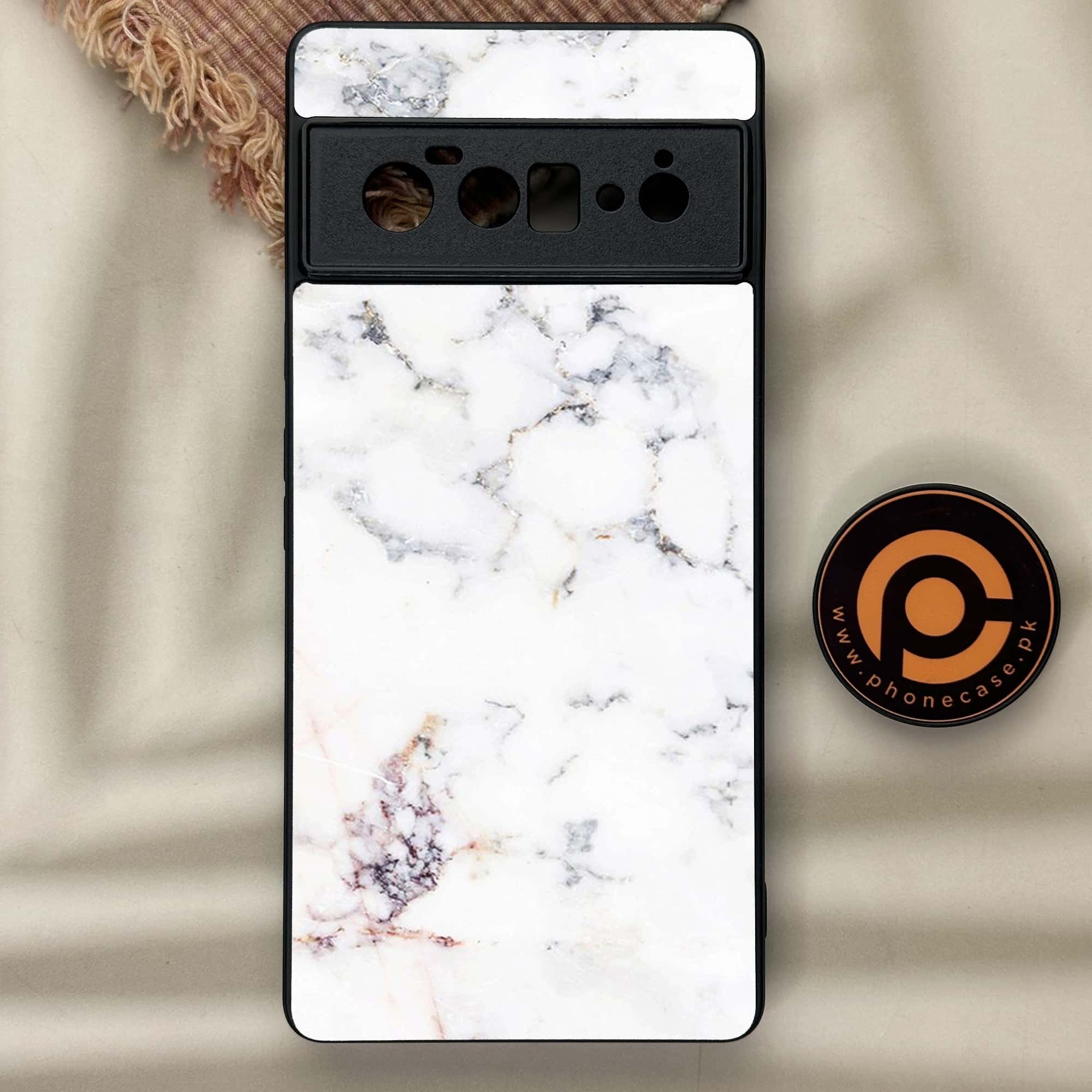 Google Pixel 6A - White Marble Series - Premium Metal Printed soft Bumper Shock Proof Case