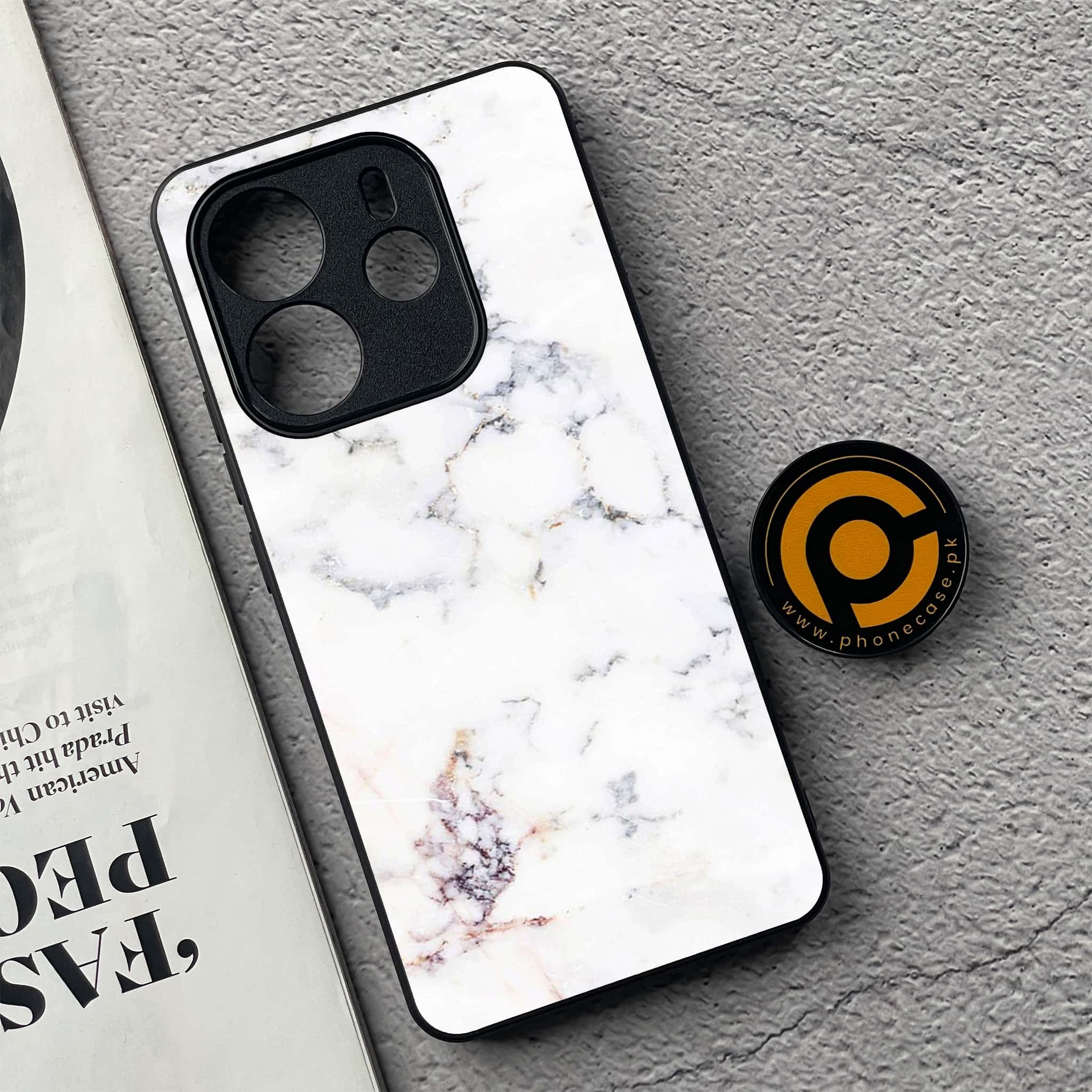 Xiaomi Redmi Note 14 - White Marble Series - Premium Printed Glass soft Bumper shock Proof Case