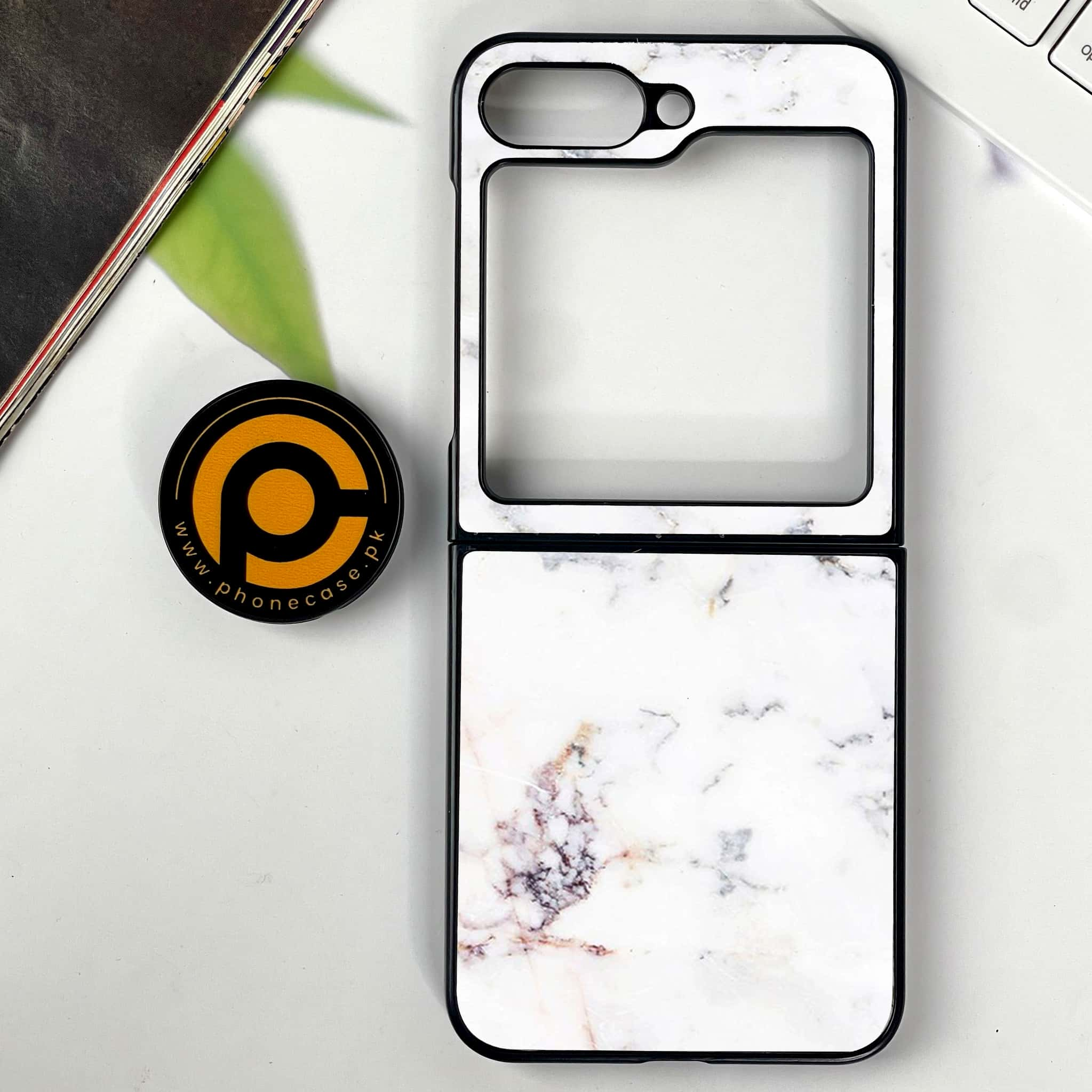 Galaxy Z Flip 6 - White Marble series - Premium Printed Glass soft Bumper shock Proof Case