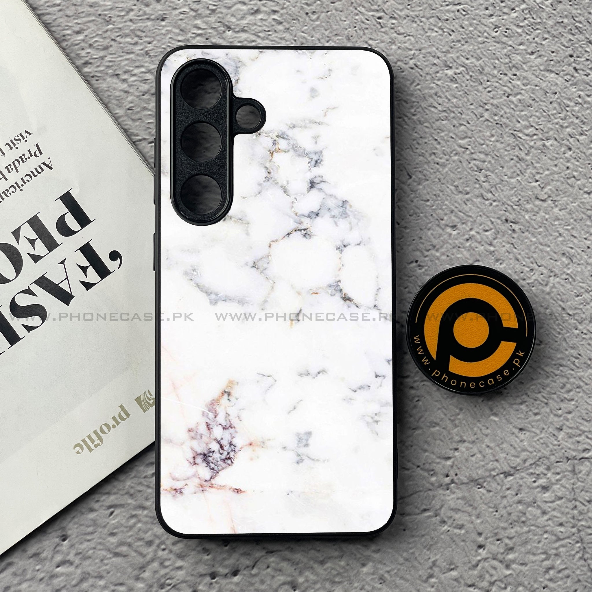 Samsung Galaxy S25 FE - White Marble Series - Premium Metal Printed soft Bumper shock Proof Case