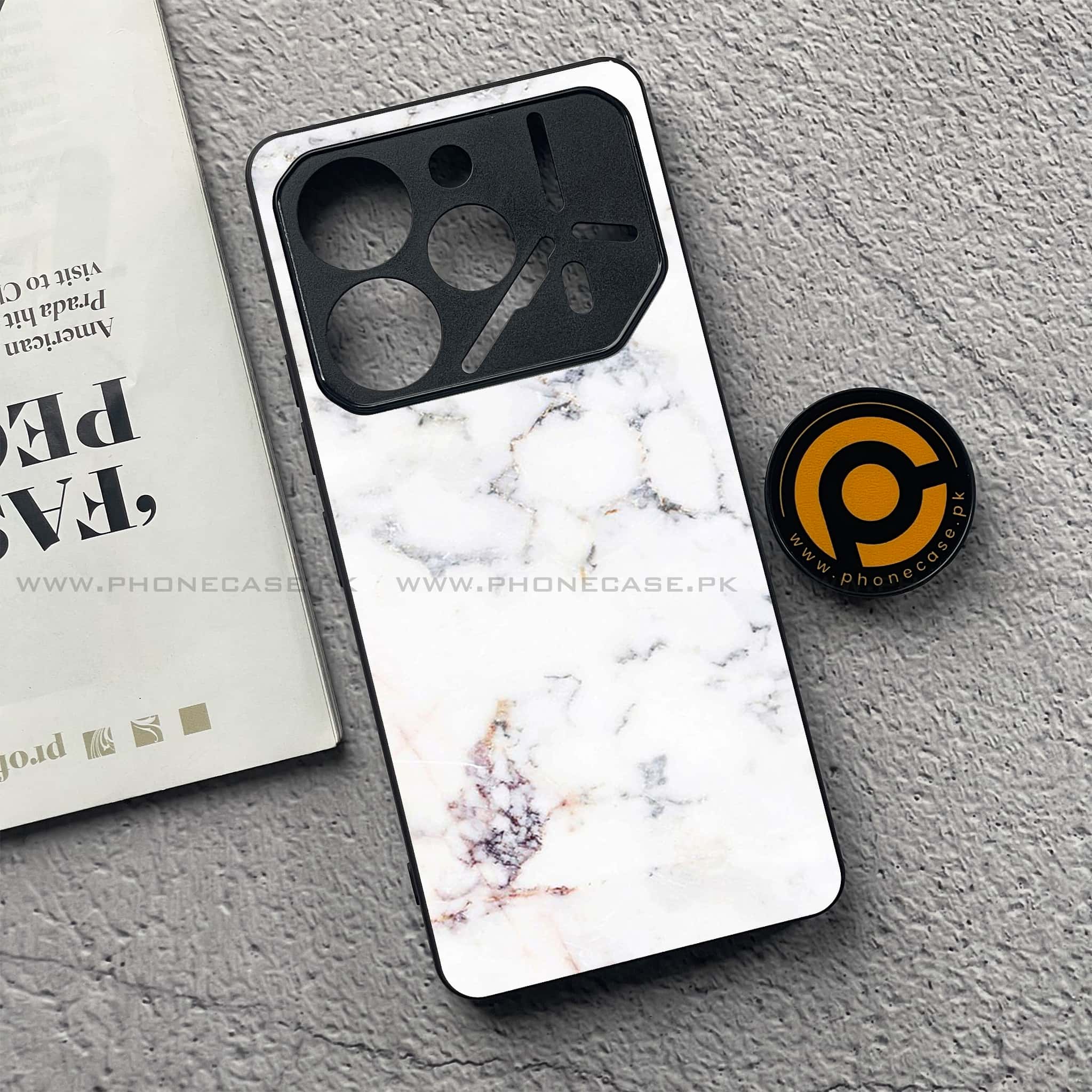 Tecno Pova 6 Pro - White Marble Series - Premium Printed Glass soft Bumper shock Proof Case