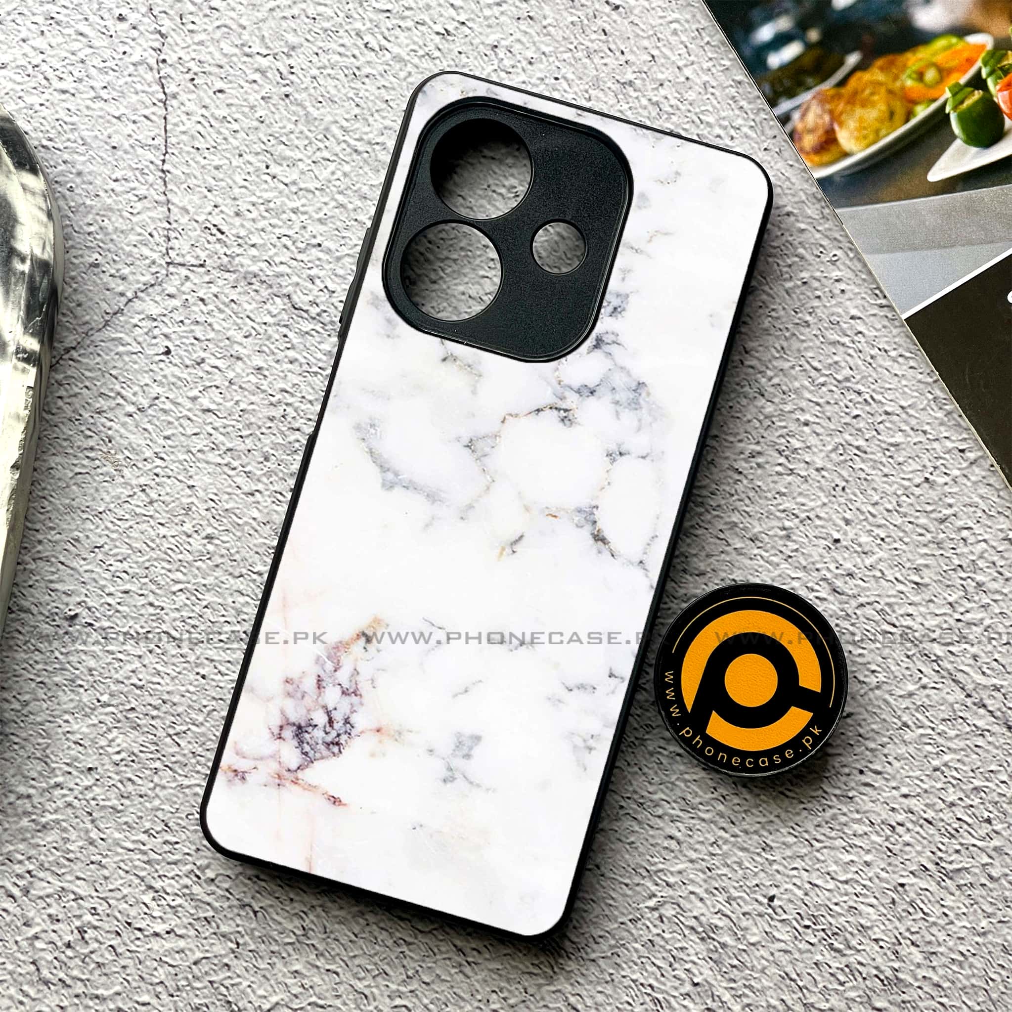 Oppo A5i - White Marble Series - Premium Metal Printed soft Bumper shock Proof Case