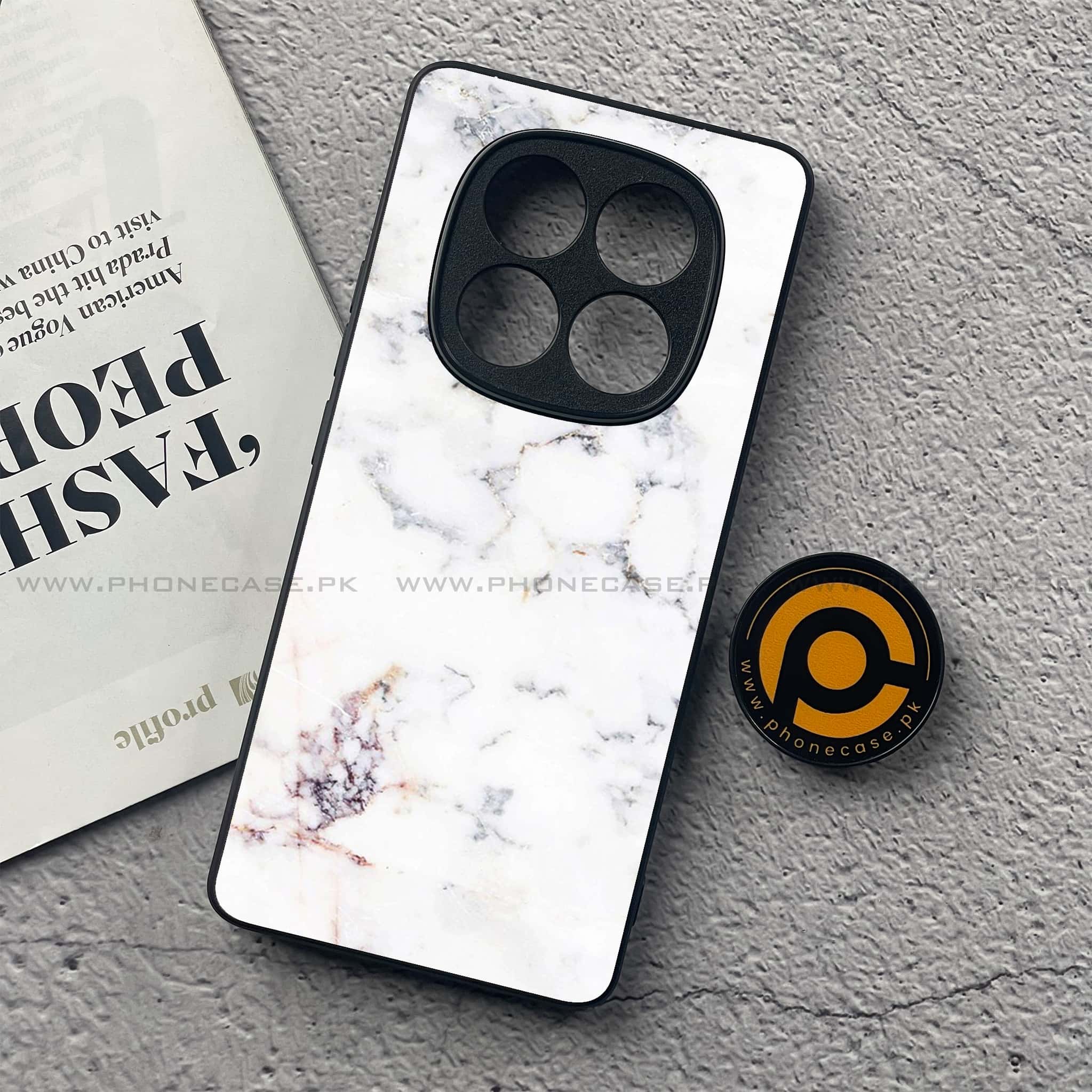 Redmi Note 14 Pro Plus 5G - White Marble Series - Premium Printed Glass soft Bumper shock Proof Case