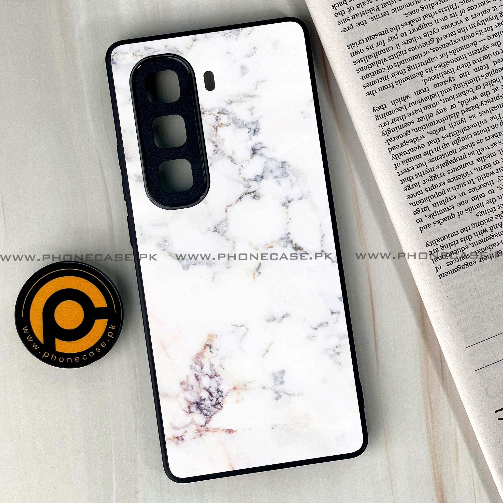 Infinix Hot 50 Pro Plus - White Marble series - Premium Printed Glass soft Bumper shock Proof Case