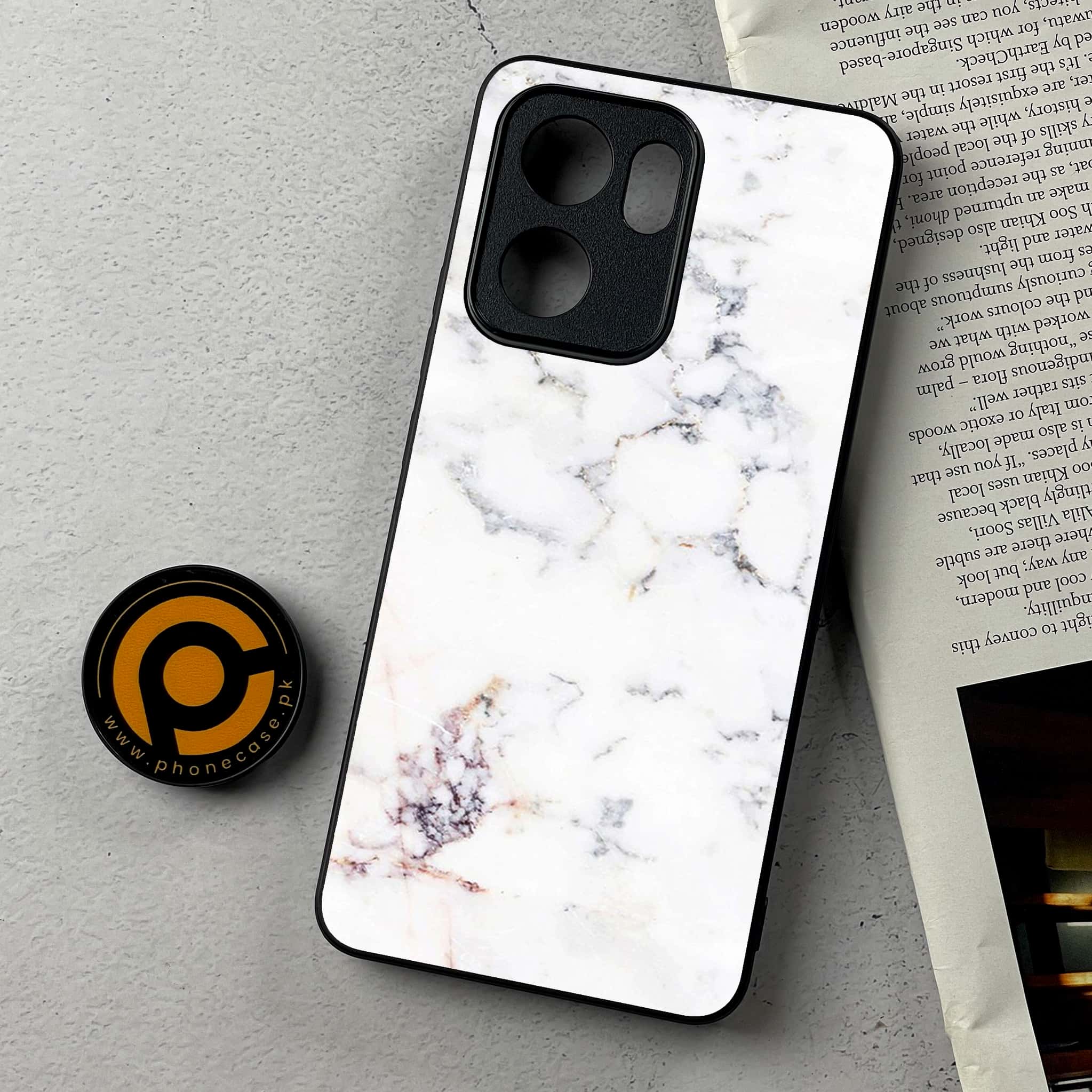 Oppo Reno 13F - White Marble Series - Premium Metal Printed Soft Bumper Shockproof Case