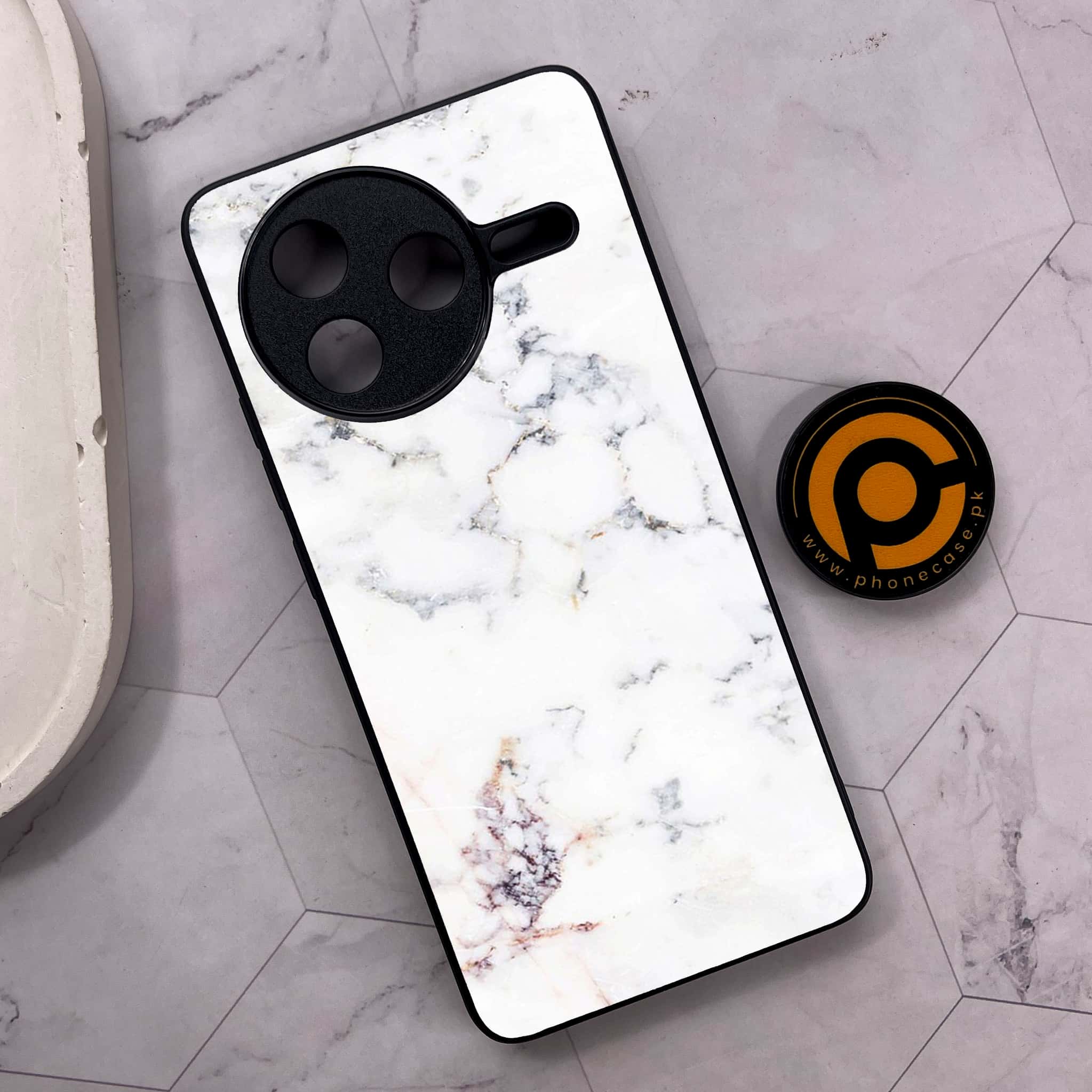 Xiaomi Poco F7 Pro 5G - White Marble Series - Premium Metal Printed soft Bumper shock Proof Case