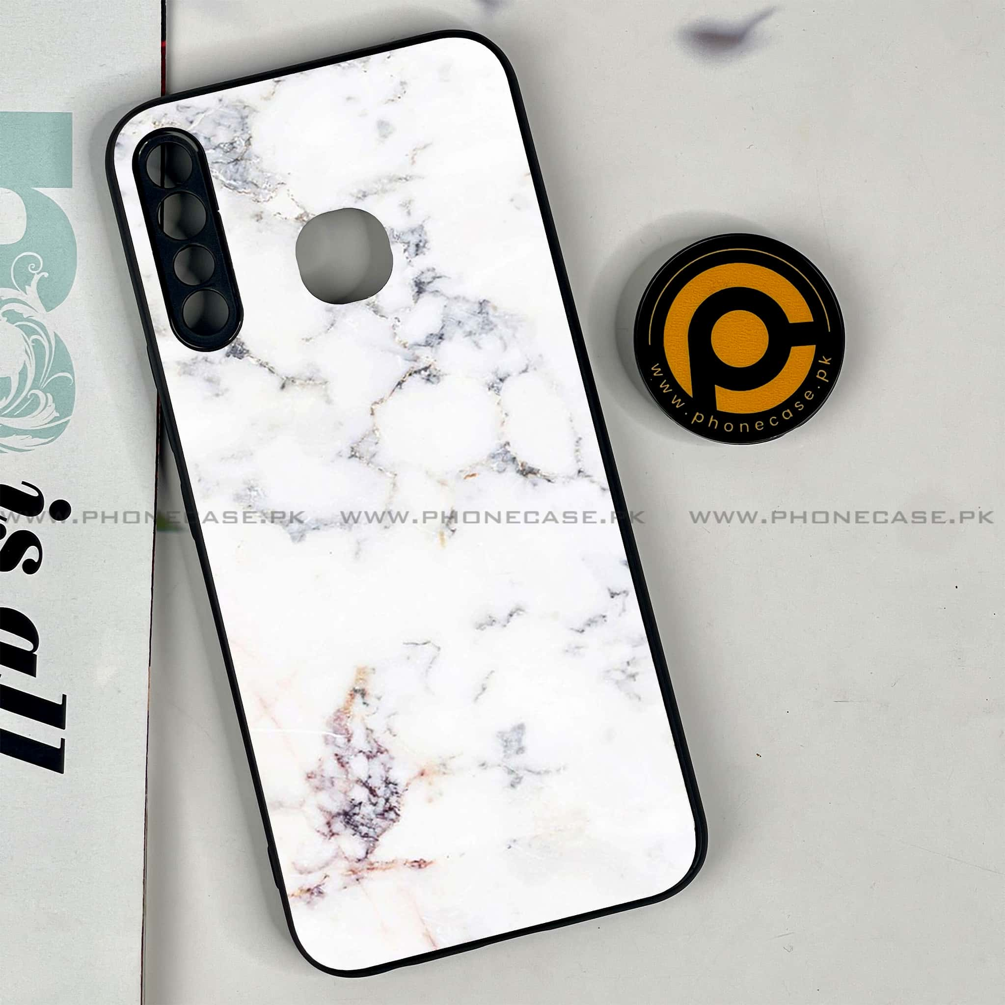 Infinix Hot 8 Lite - White Marble series - Premium Printed Glass soft Bumper shock Proof Cas