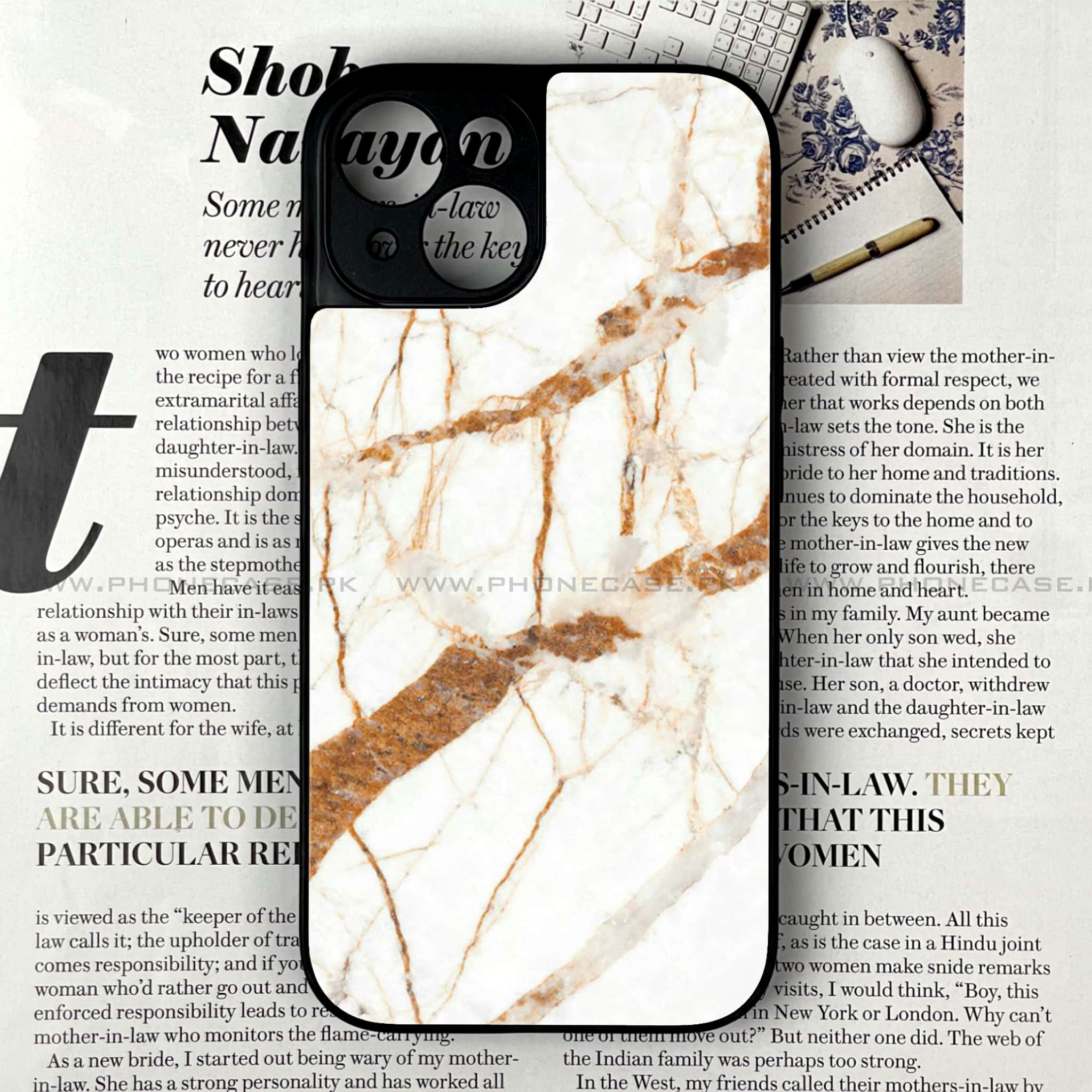 iPhone 14 - White  Marble Series - Premium Printed Glass soft Bumper shock Proof Case