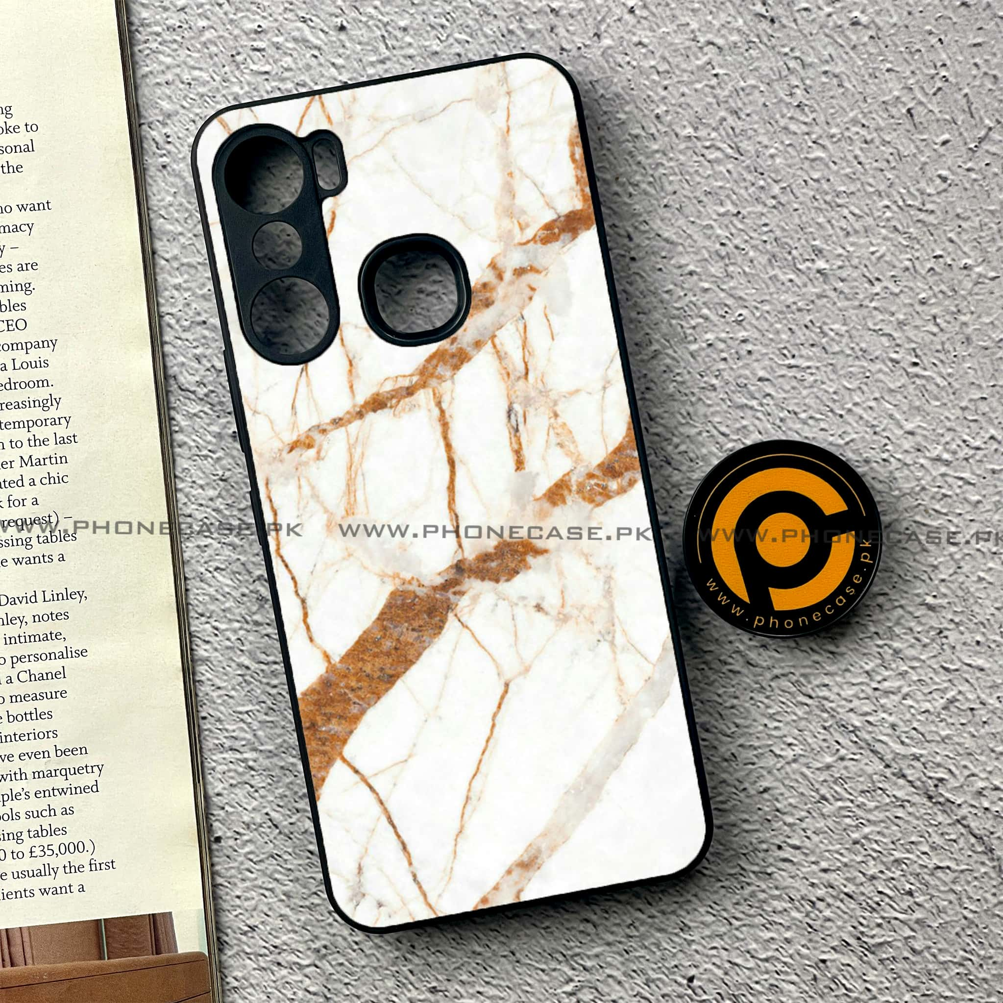 Infinix Hot 12 Pro - White Marble Series - Premium Printed Glass soft Bumper shock Proof Case