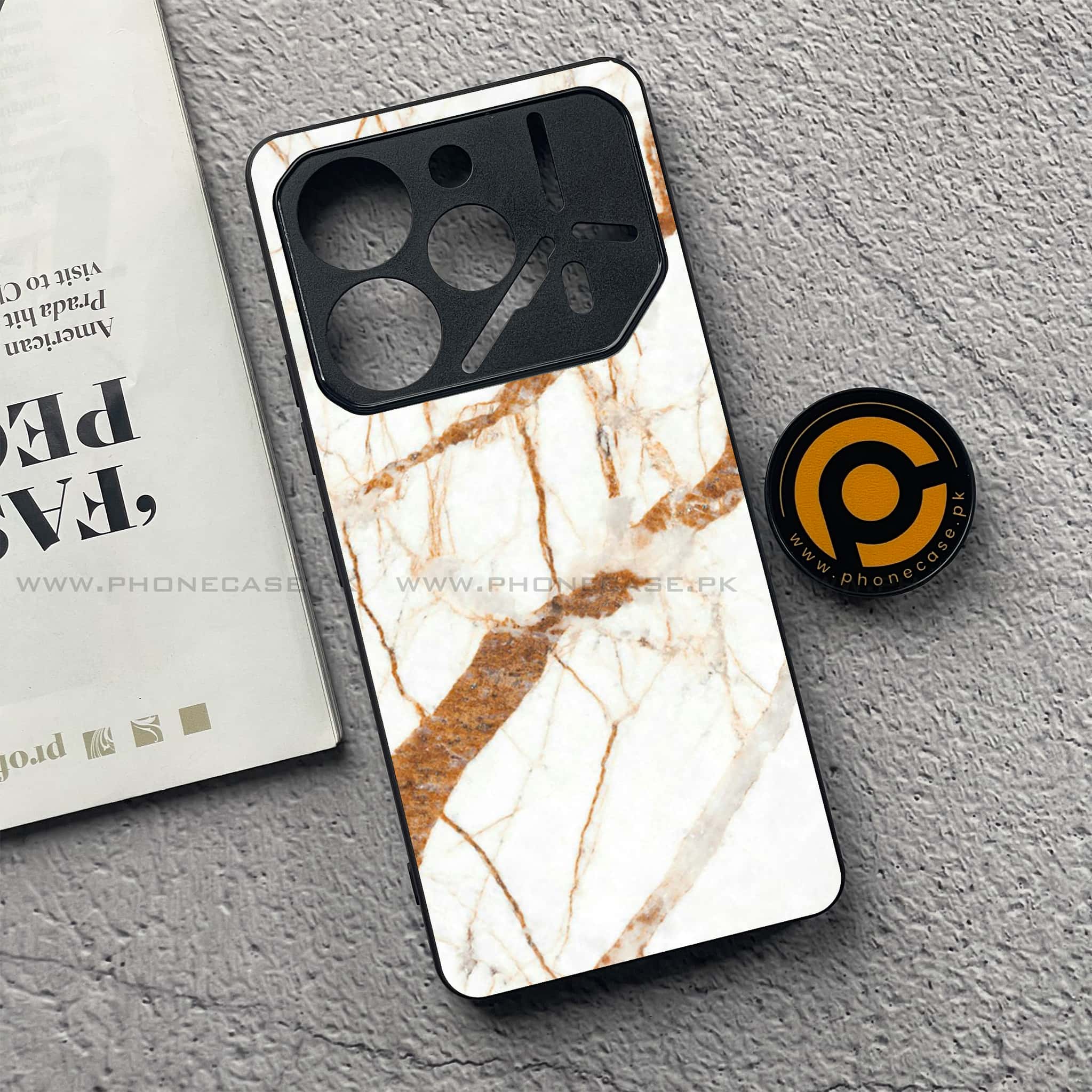 Tecno Pova 6 Pro - White Marble Series - Premium Printed Glass soft Bumper shock Proof Case