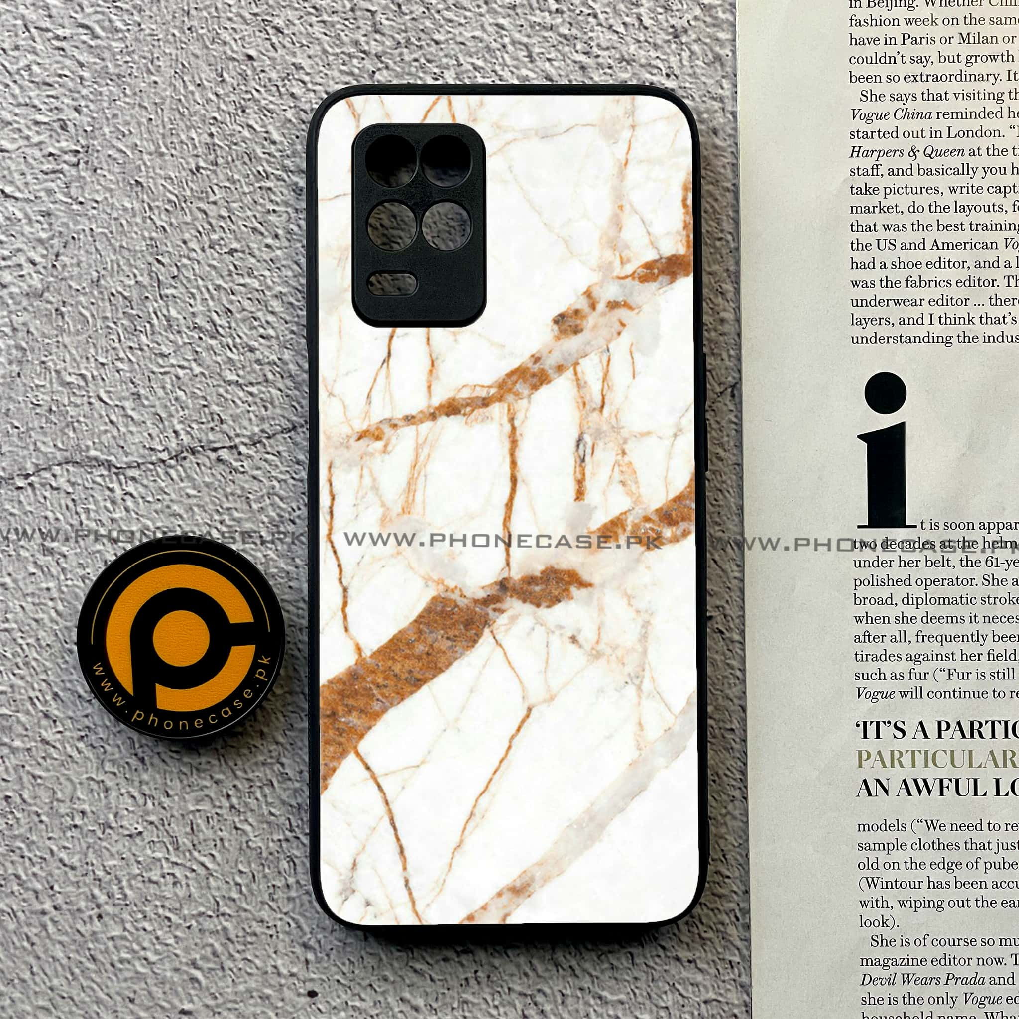 Realme Narzo 30 5G - White Marble Series - Premium Printed Glass soft Bumper shock Proof Case