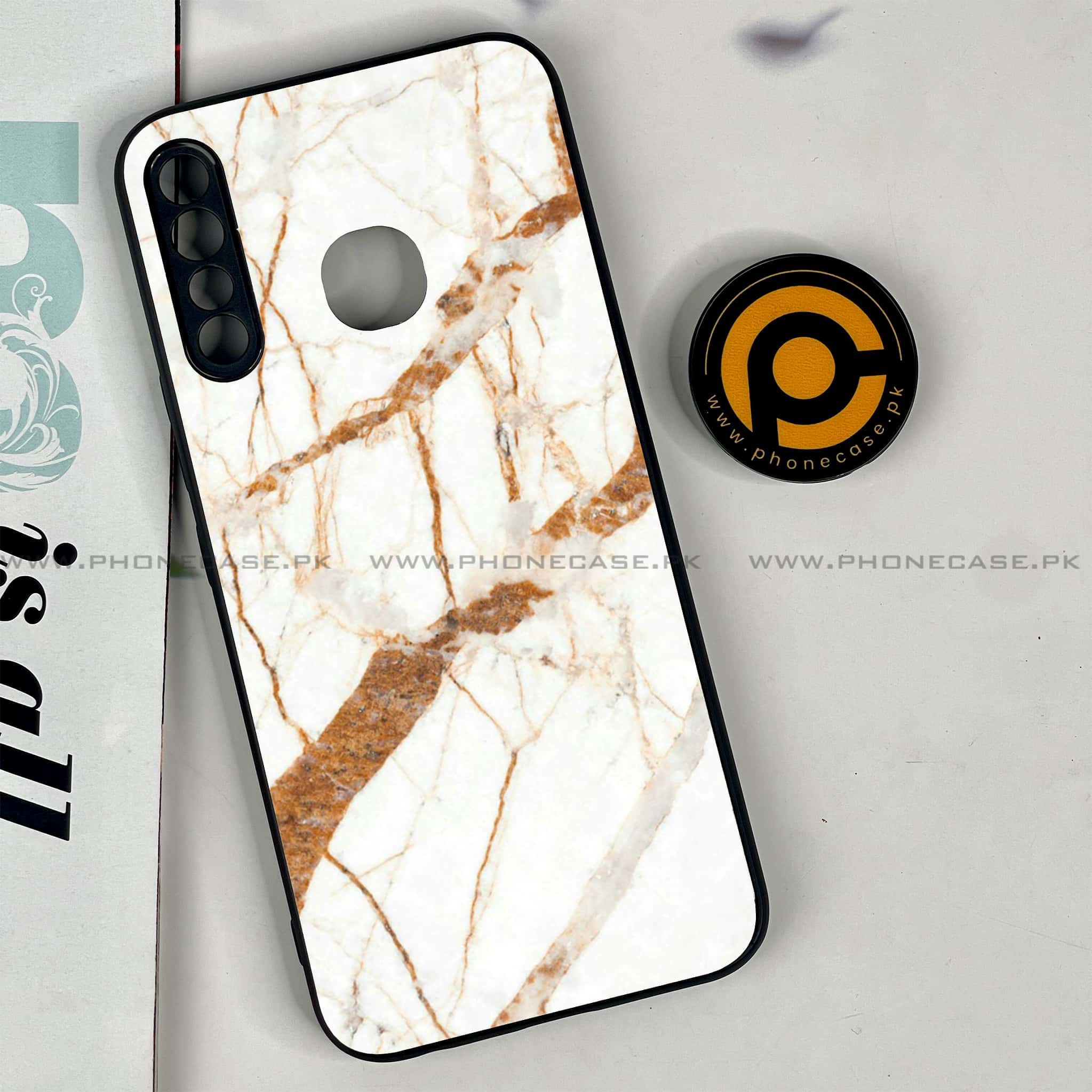 Infinix Hot 8 Lite - White Marble series - Premium Printed Glass soft Bumper shock Proof Cas