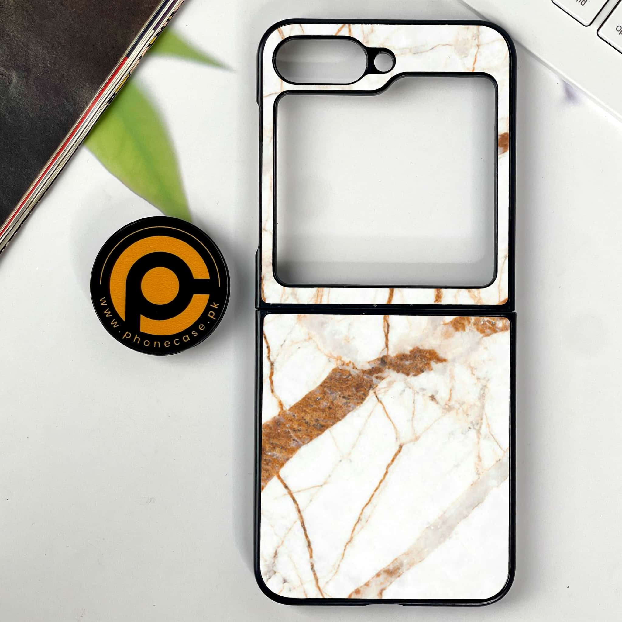 Galaxy Z Flip 6 - White Marble series - Premium Printed Glass soft Bumper shock Proof Case