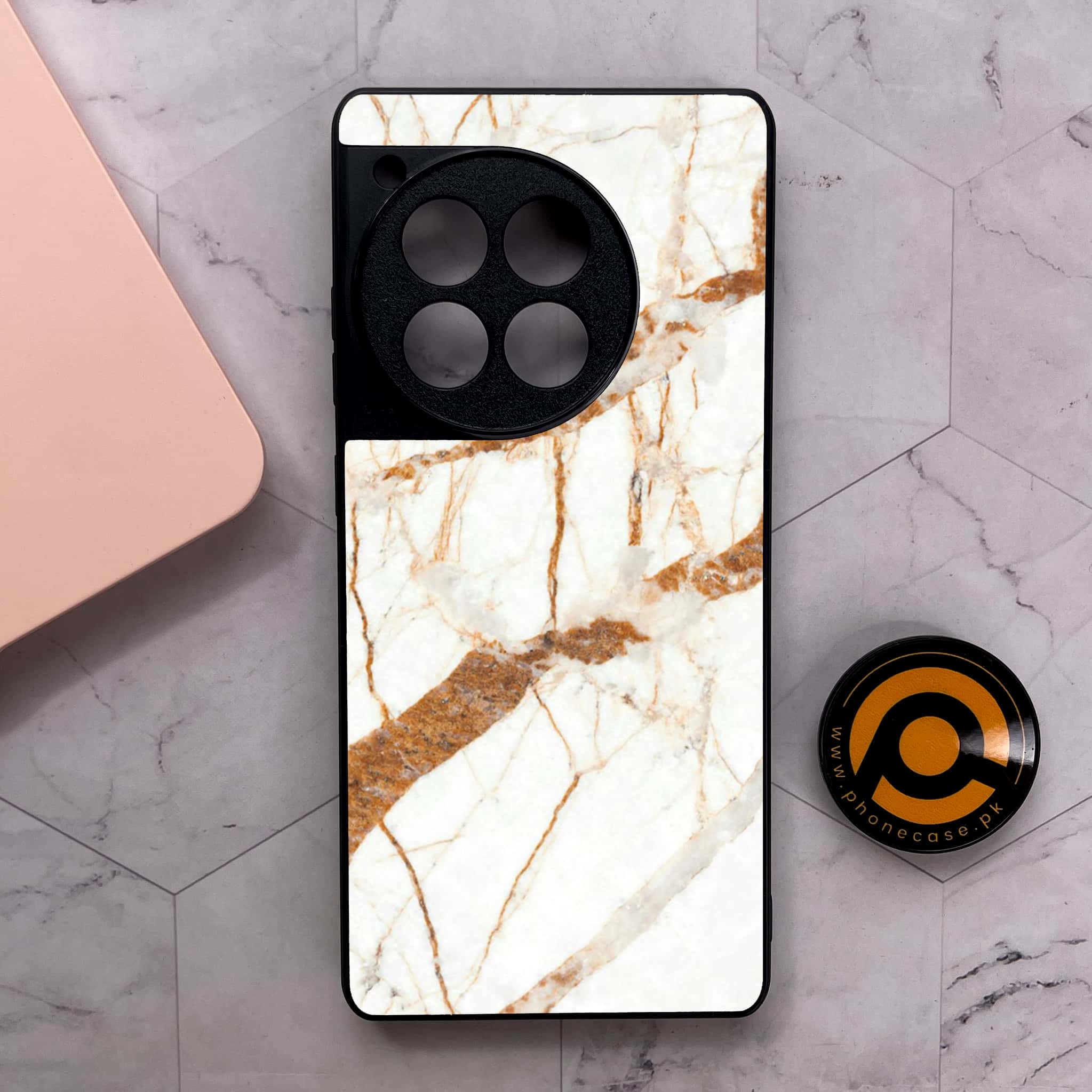 OnePlus 12R - White Marble Series - Premium Metal Printed soft Bumper shock Proof Case