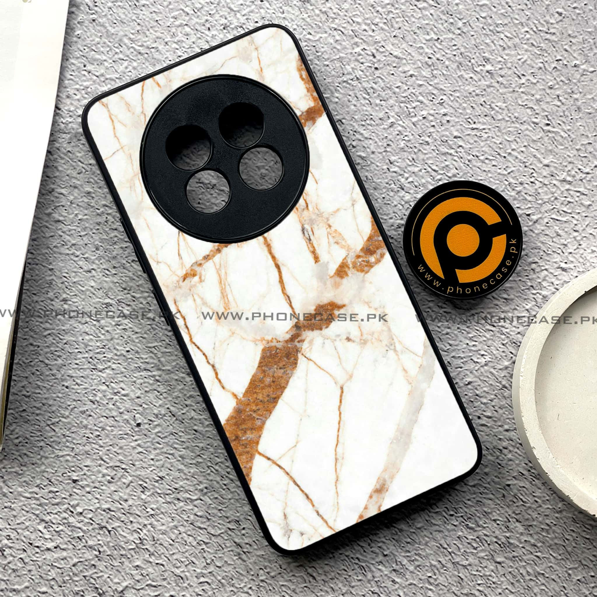 Realme 13 Plus - White Marble series - Premium Printed Glass soft Bumper shock Proof Case