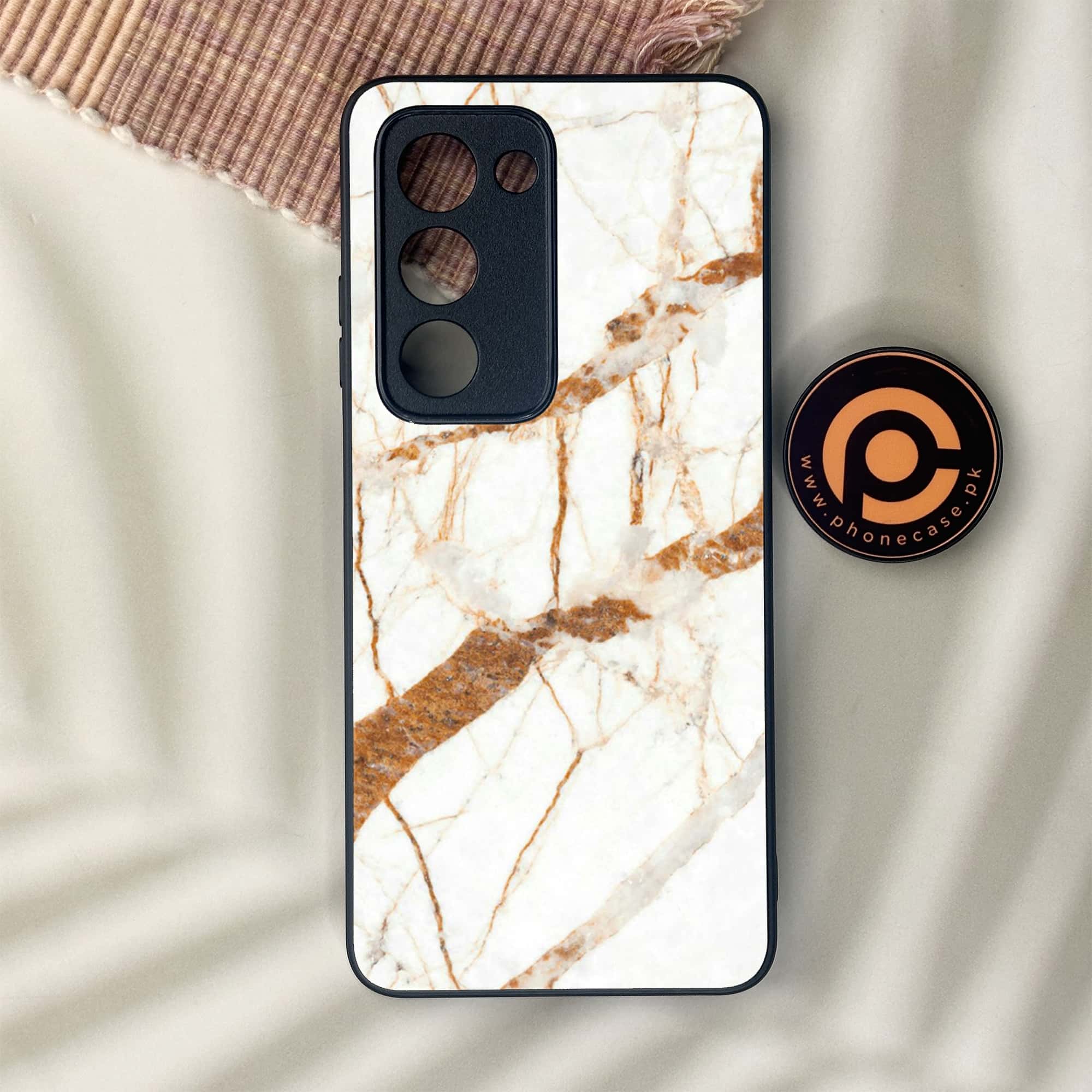 Oppo A5 2025 - White Marble Series - Premium Metal Printed soft Bumper shock Proof Case