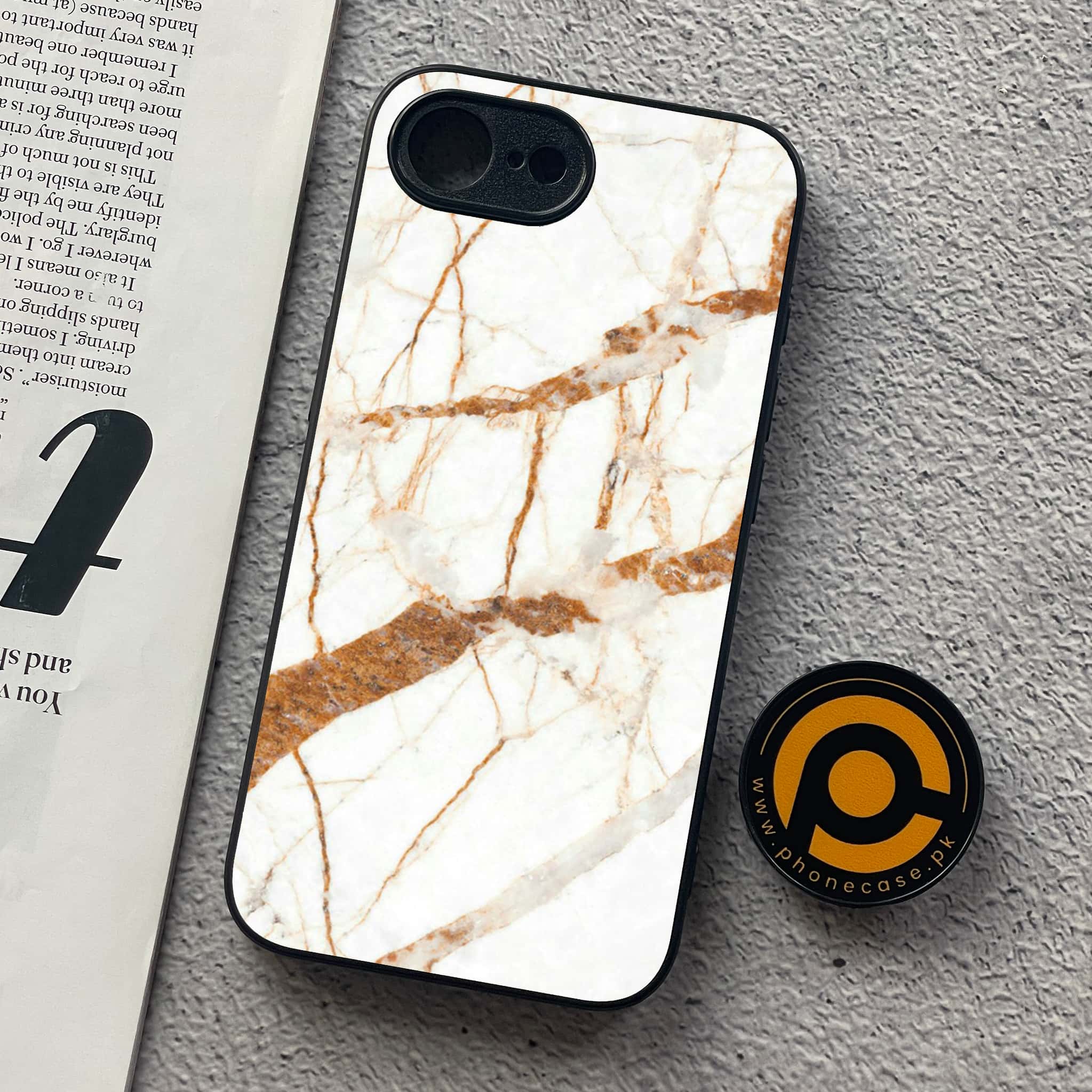 iPhone 16e - White Marble Series - Premium Metal  Printed soft Bumper shock Proof Case