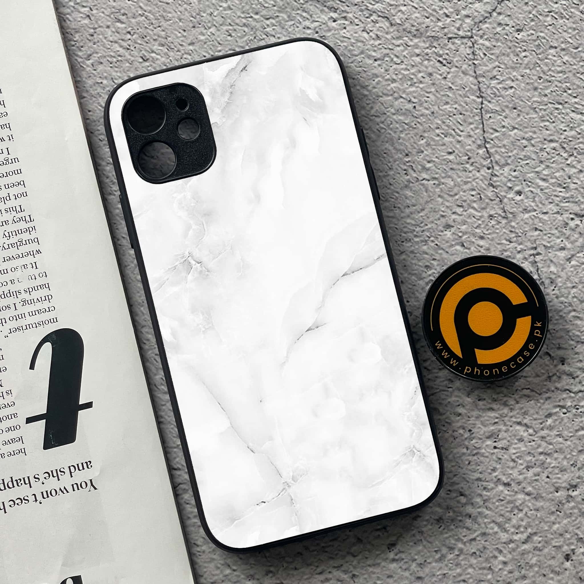 iPhone 11 White Marble Series  Premium Printed Glass soft Bumper shock Proof Case