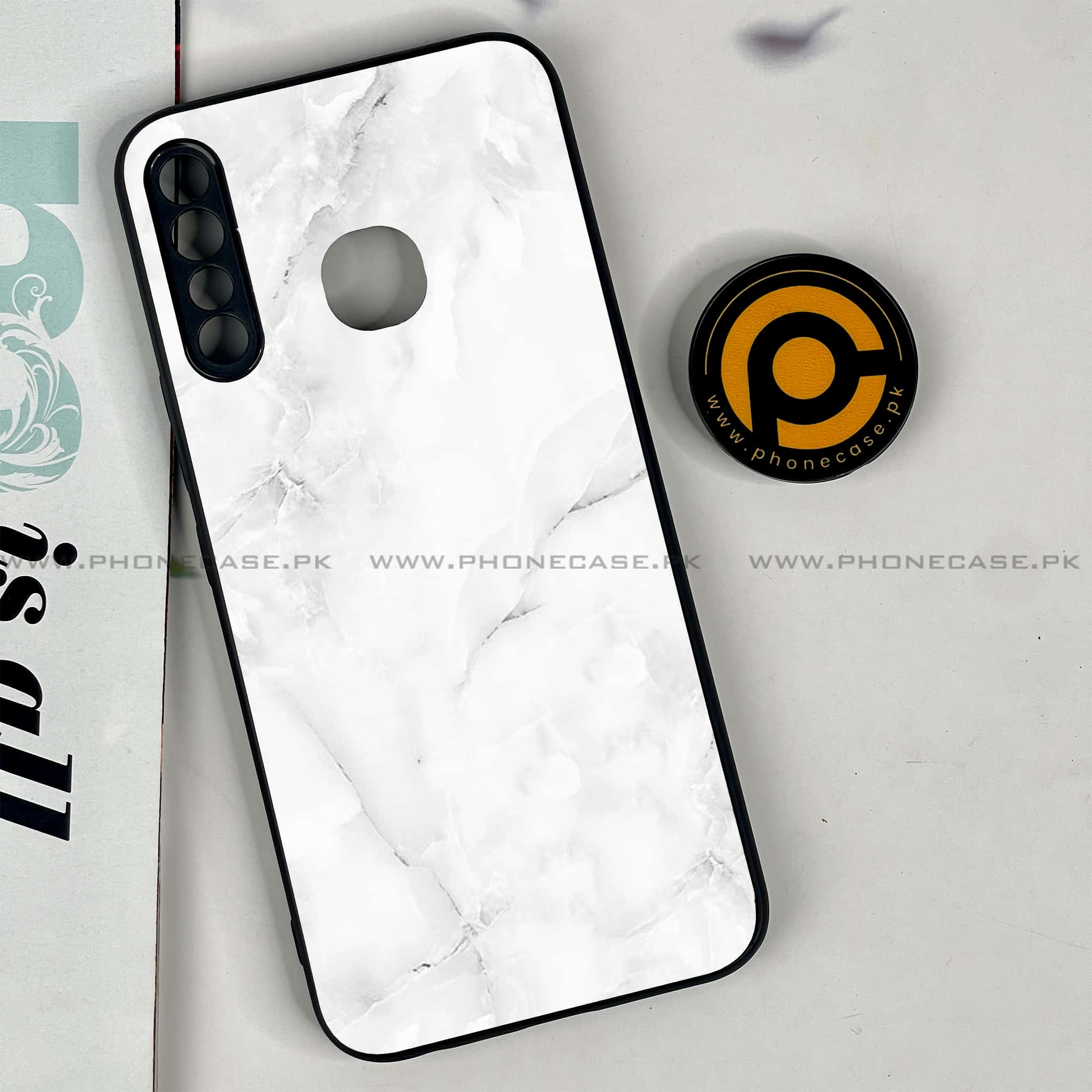 Infinix Hot 8 Lite - White Marble series - Premium Printed Glass soft Bumper shock Proof Cas