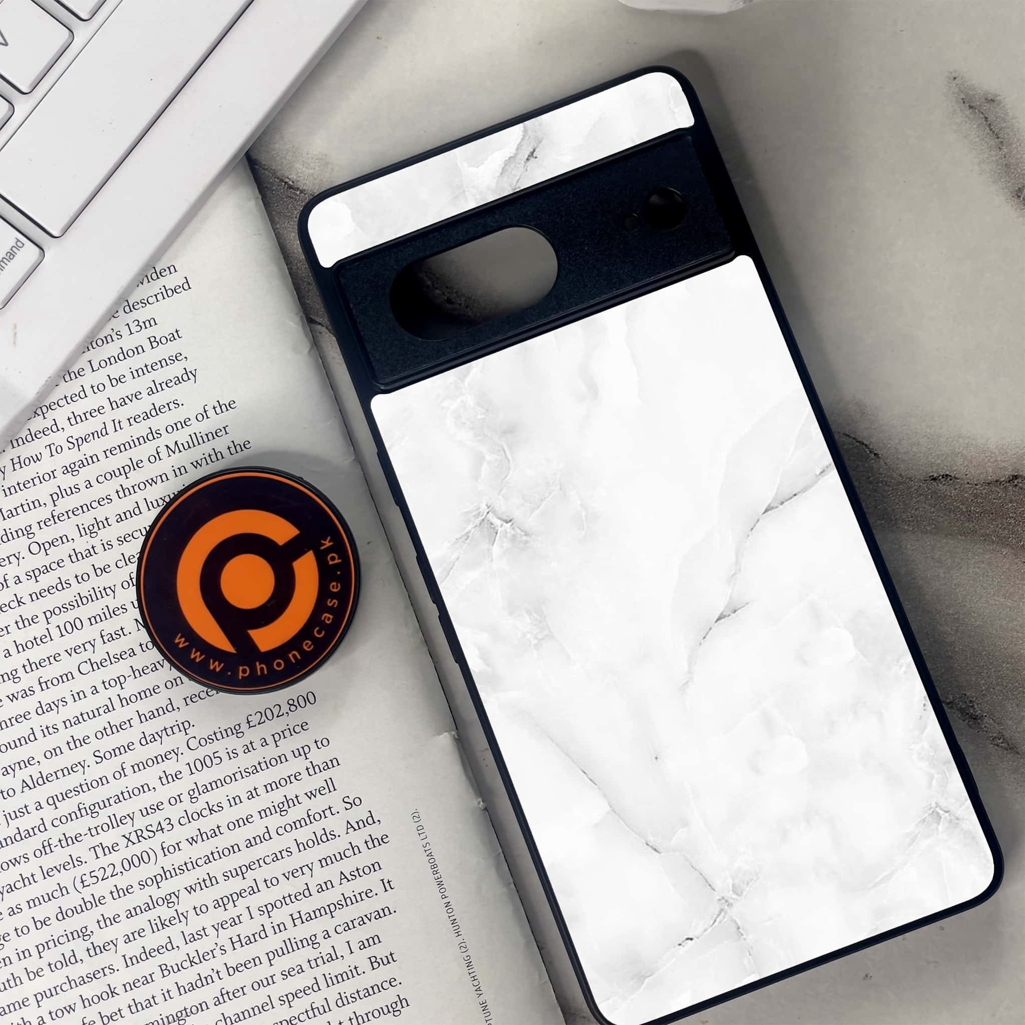 Google Pixel 7 - White Marble Series - Premium Metal Printed soft Bumper Shock Proof Case