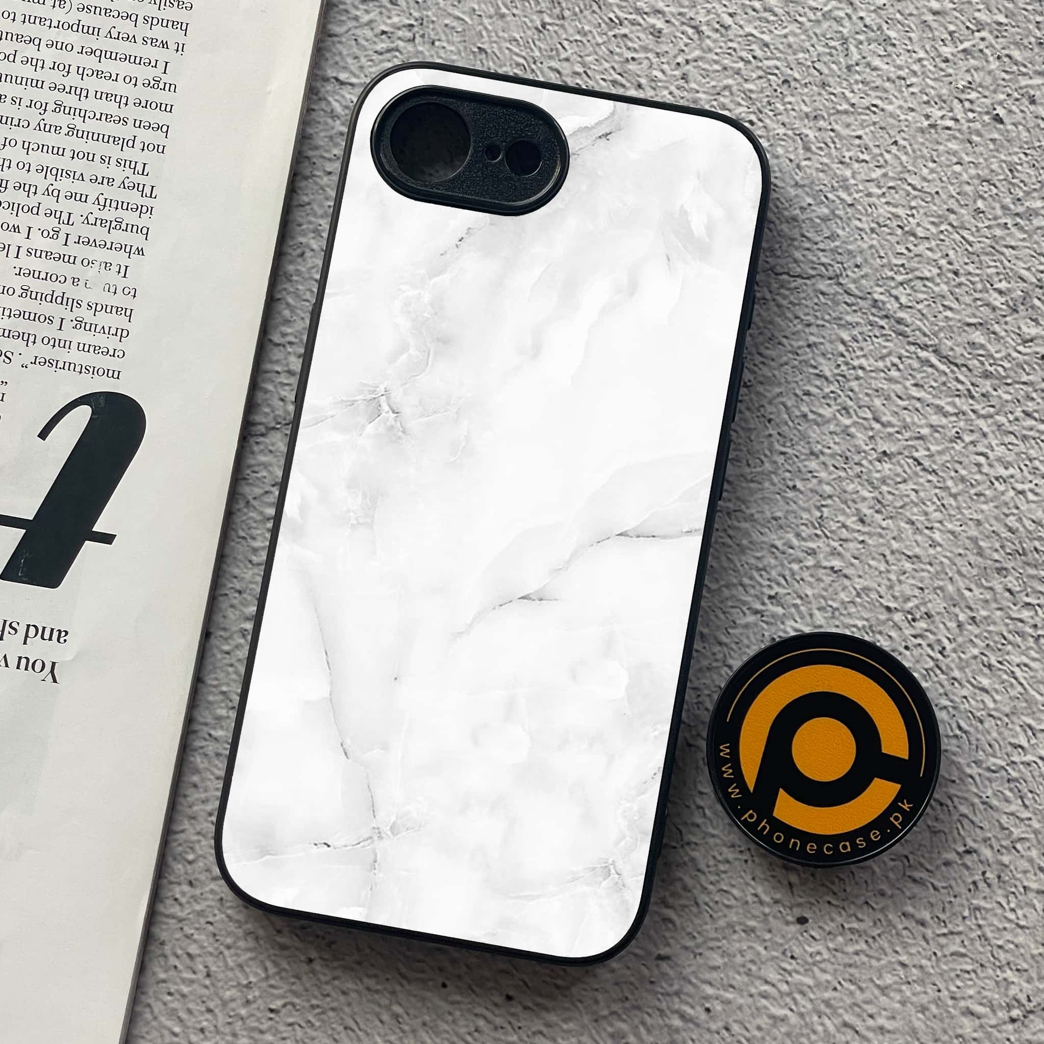 iPhone 16e - White Marble Series - Premium Metal  Printed soft Bumper shock Proof Case