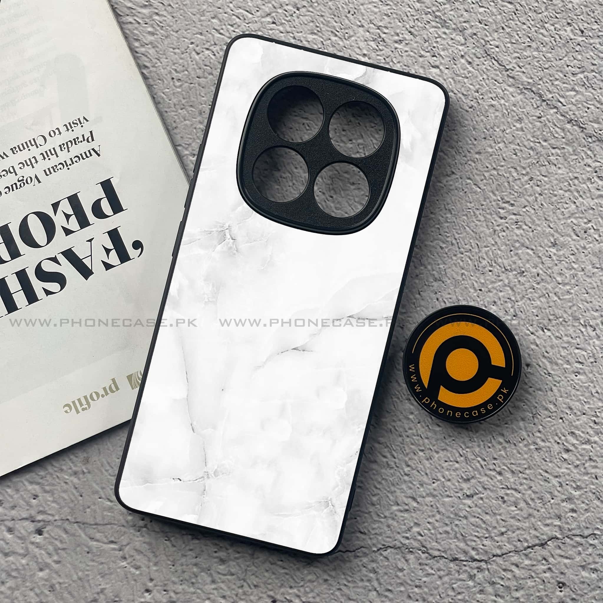 Redmi Note 14 Pro Plus 5G - White Marble Series - Premium Printed Glass soft Bumper shock Proof Case