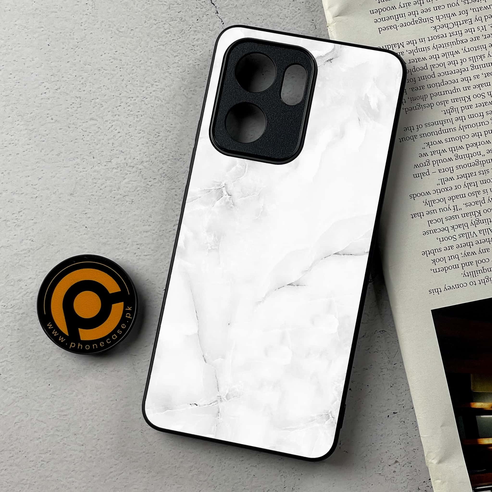 Oppo Reno 13F - White Marble Series - Premium Metal Printed Soft Bumper Shockproof Case