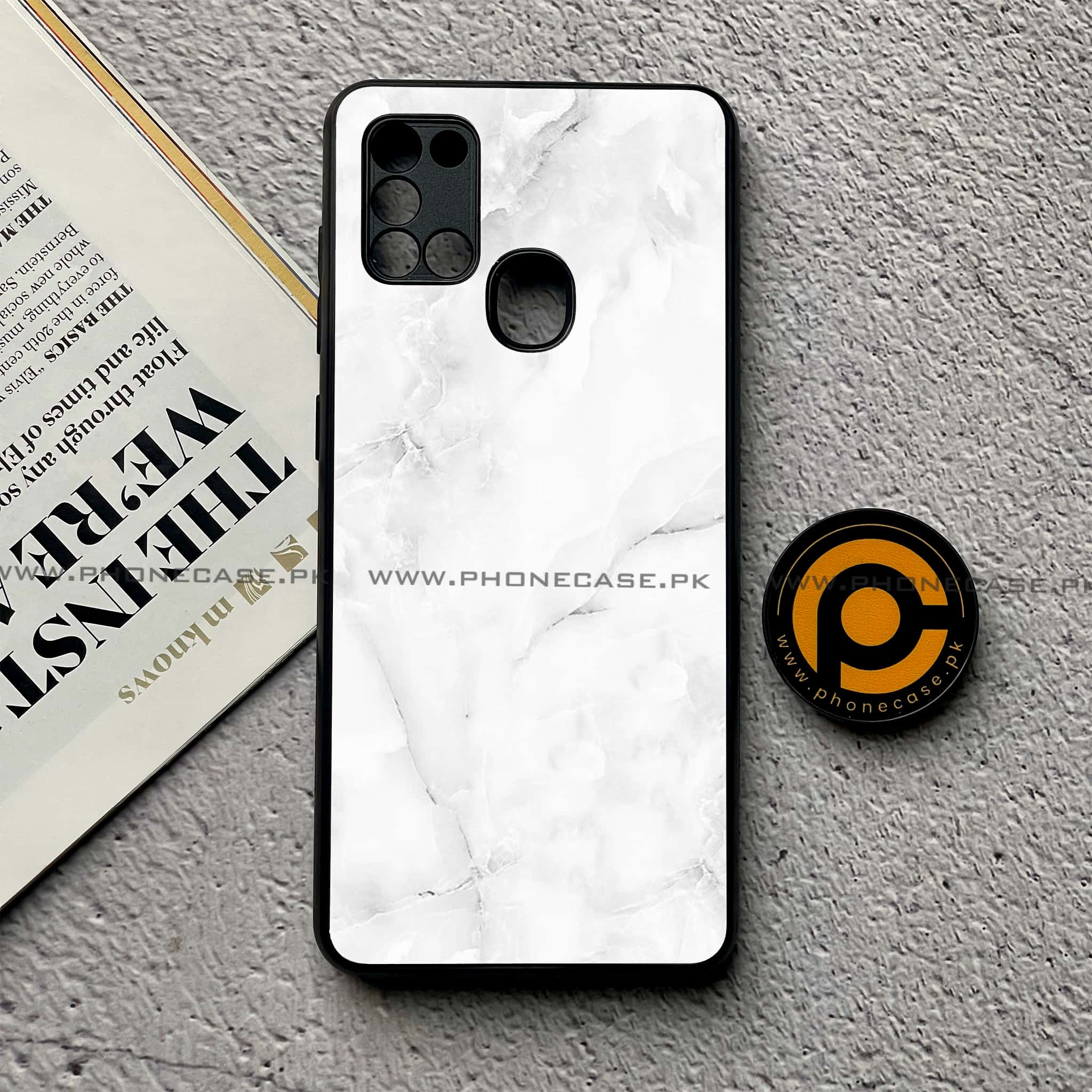 Samsung Galaxy A21s - White Marble Series - Premium Printed Glass soft Bumper shock Proof Case