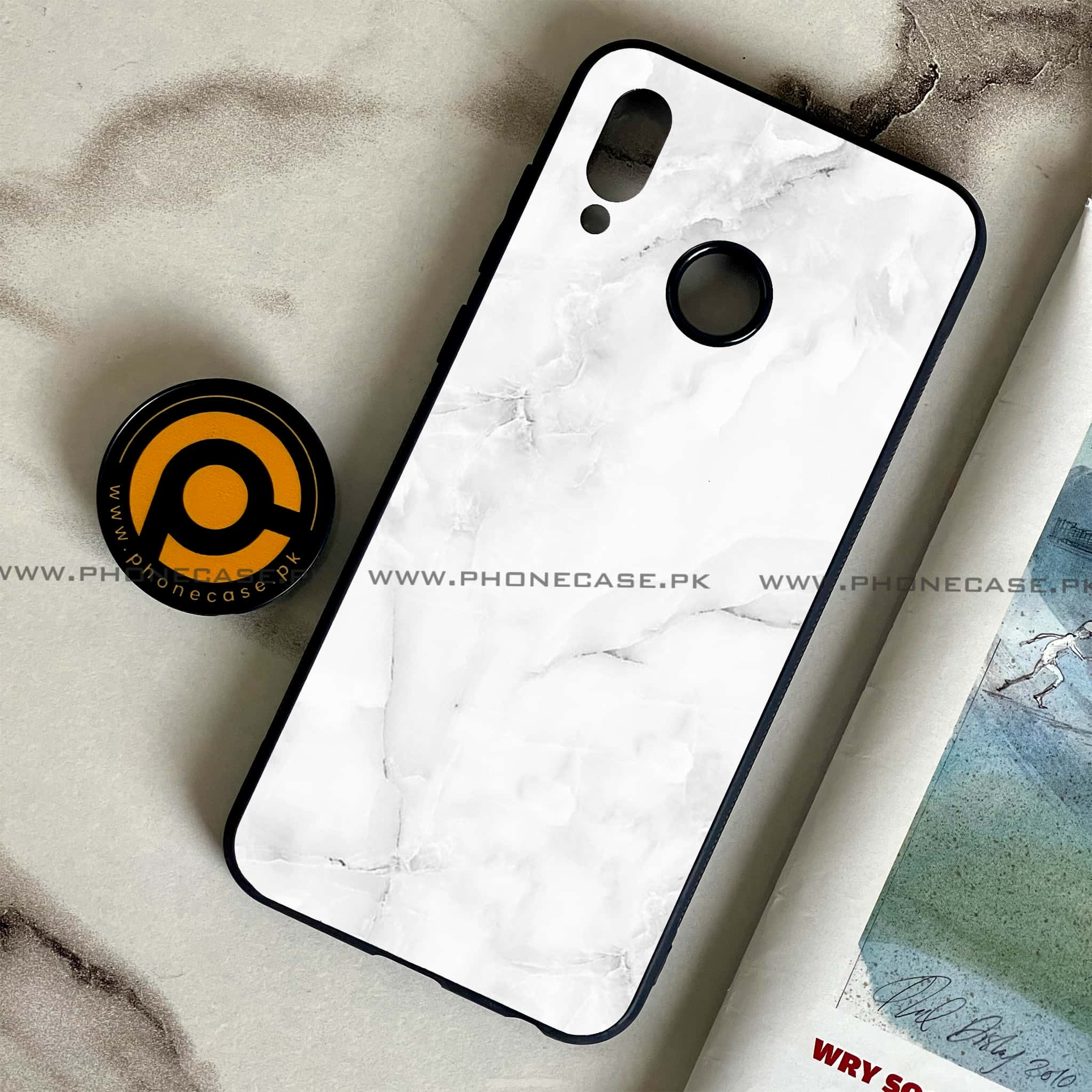 Huawei Honor Play - White Marble Series - Premium Printed Glass soft Bumper shock Proof Case