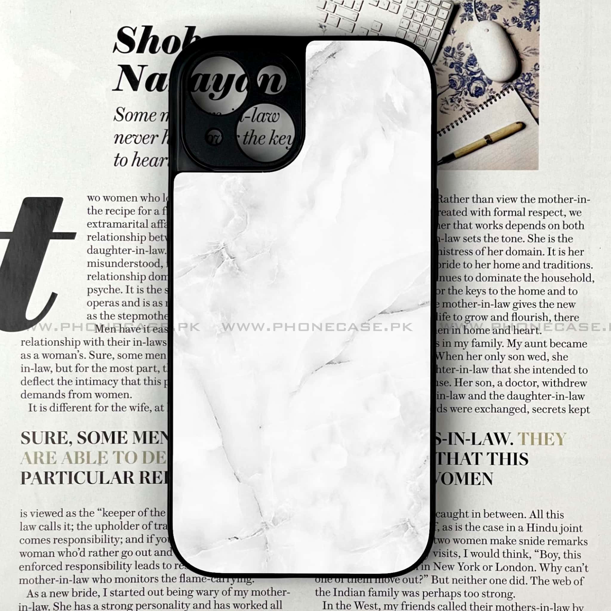 iPhone 15 - White Marble Series - Premium Printed Glass soft Bumper shock Proof Case