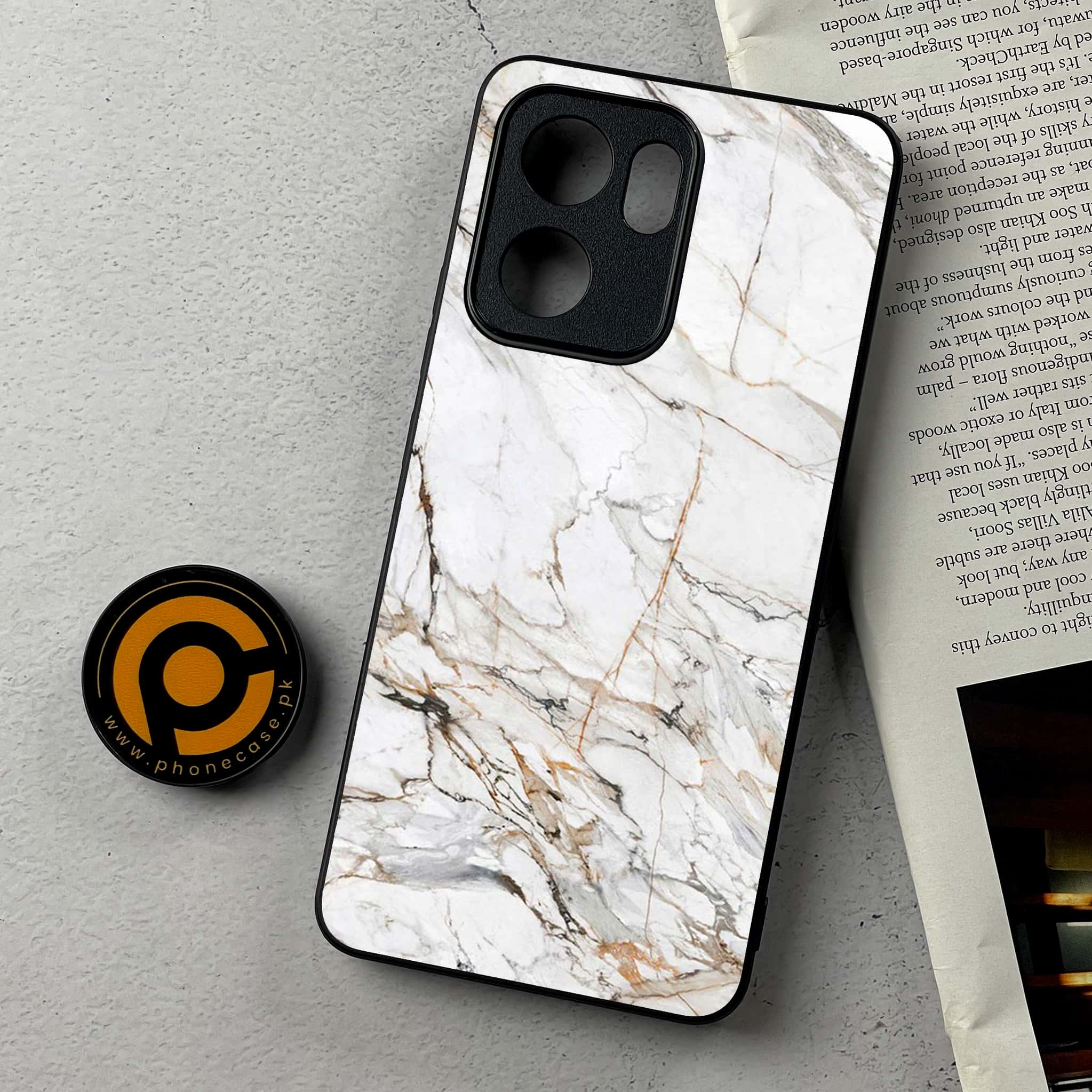 Oppo Reno 13F - White Marble Series - Premium Metal Printed Soft Bumper Shockproof Case