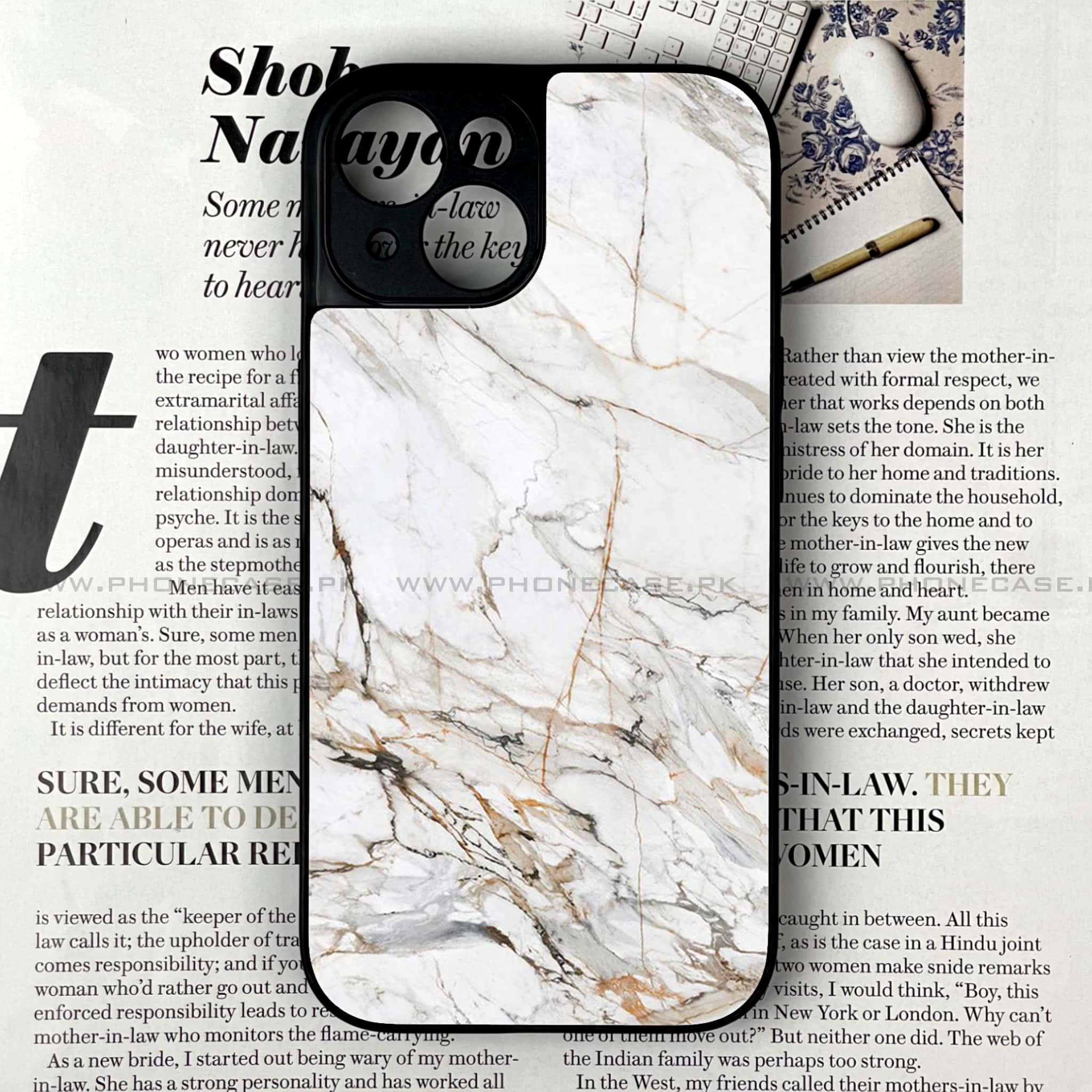 iPhone 15 - White Marble Series - Premium Printed Glass soft Bumper shock Proof Case