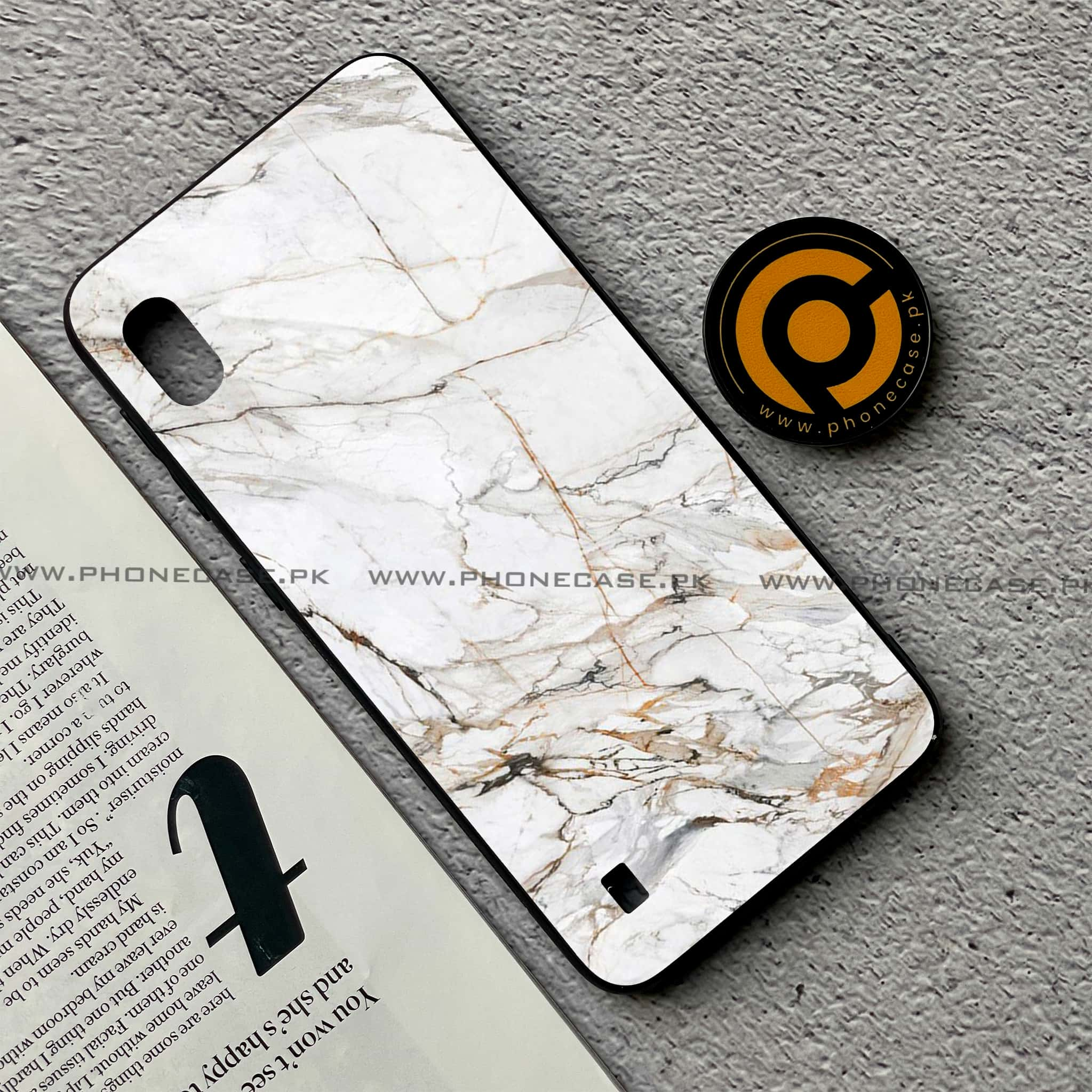 Samsung Galaxy A10 - White Marble Series - Premium Printed Glass soft Bumper shock Proof Case