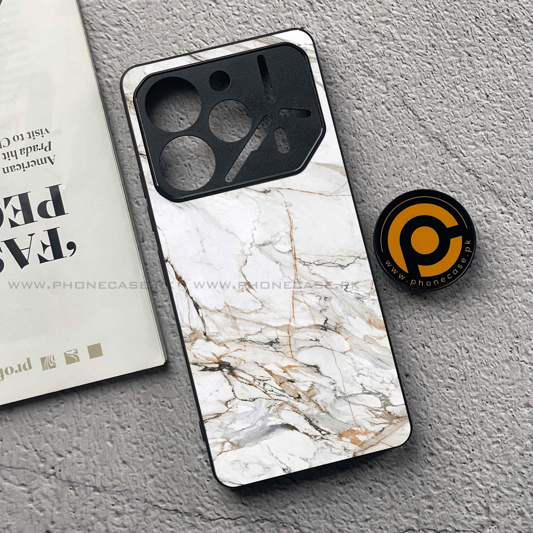 Tecno Pova 6 Pro - White Marble Series - Premium Printed Glass soft Bumper shock Proof Case