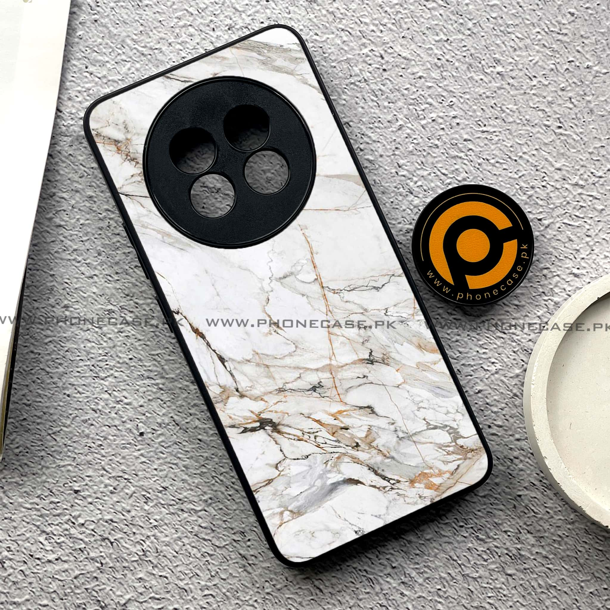 Realme 13 Plus - White Marble series - Premium Printed Glass soft Bumper shock Proof Case