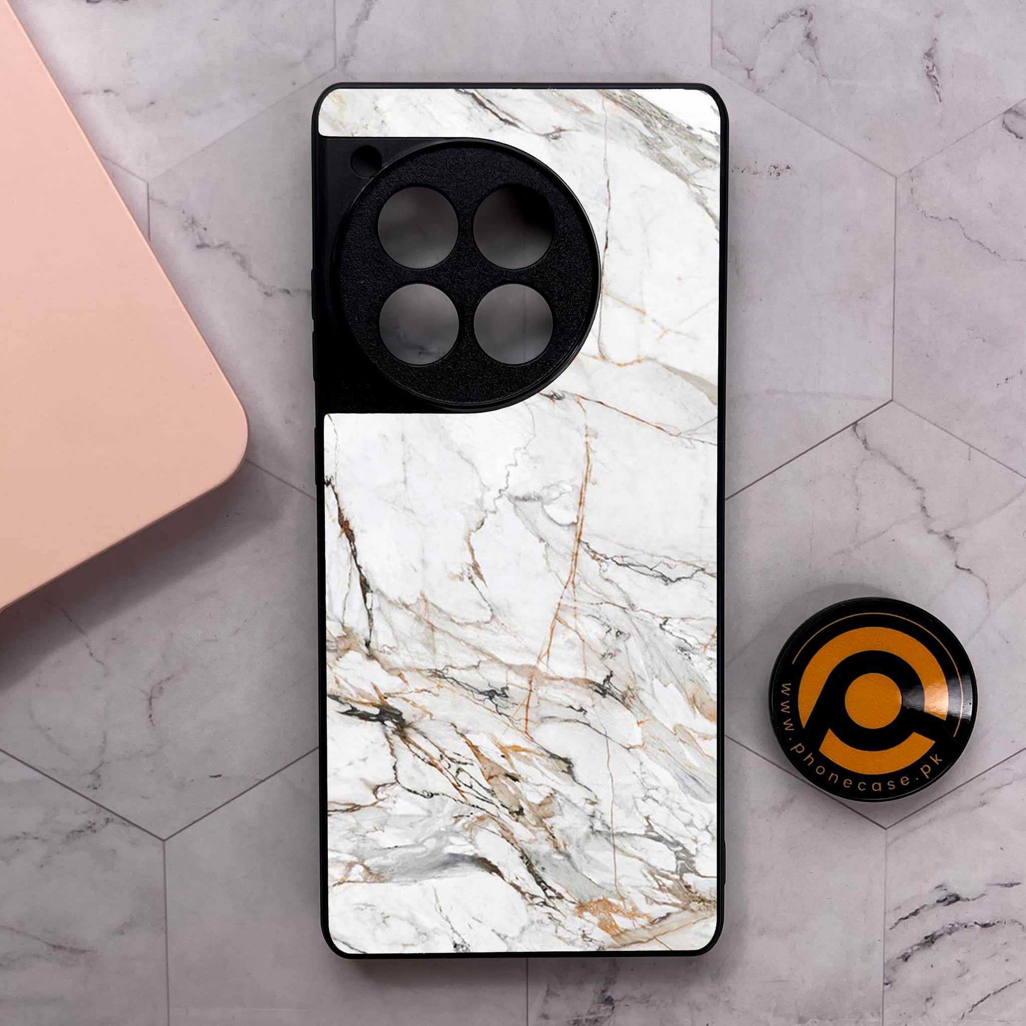OnePlus 12R - White Marble Series - Premium Metal Printed soft Bumper shock Proof Case