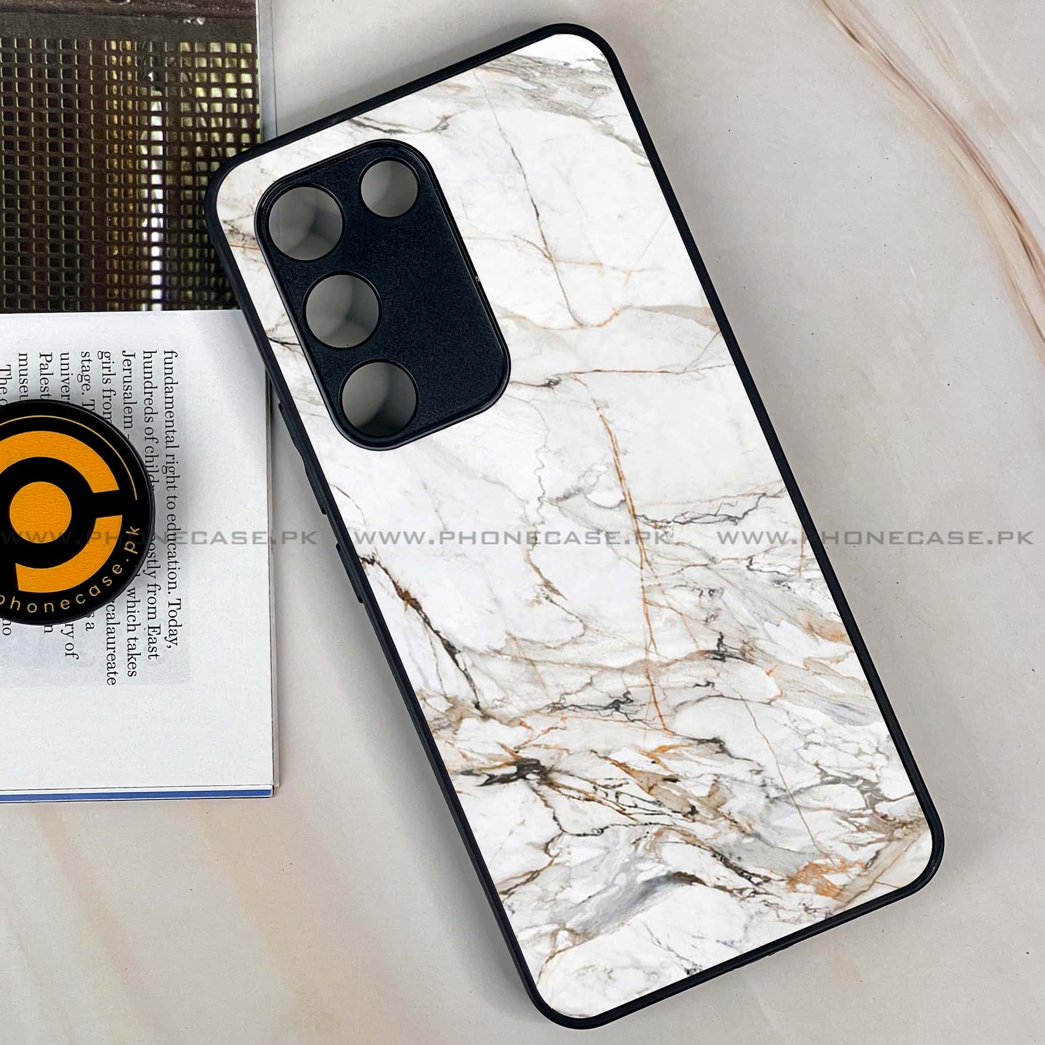 Vivo Y200e - White Marble series - Premium Metal Printed soft Bumper shock Proof Case