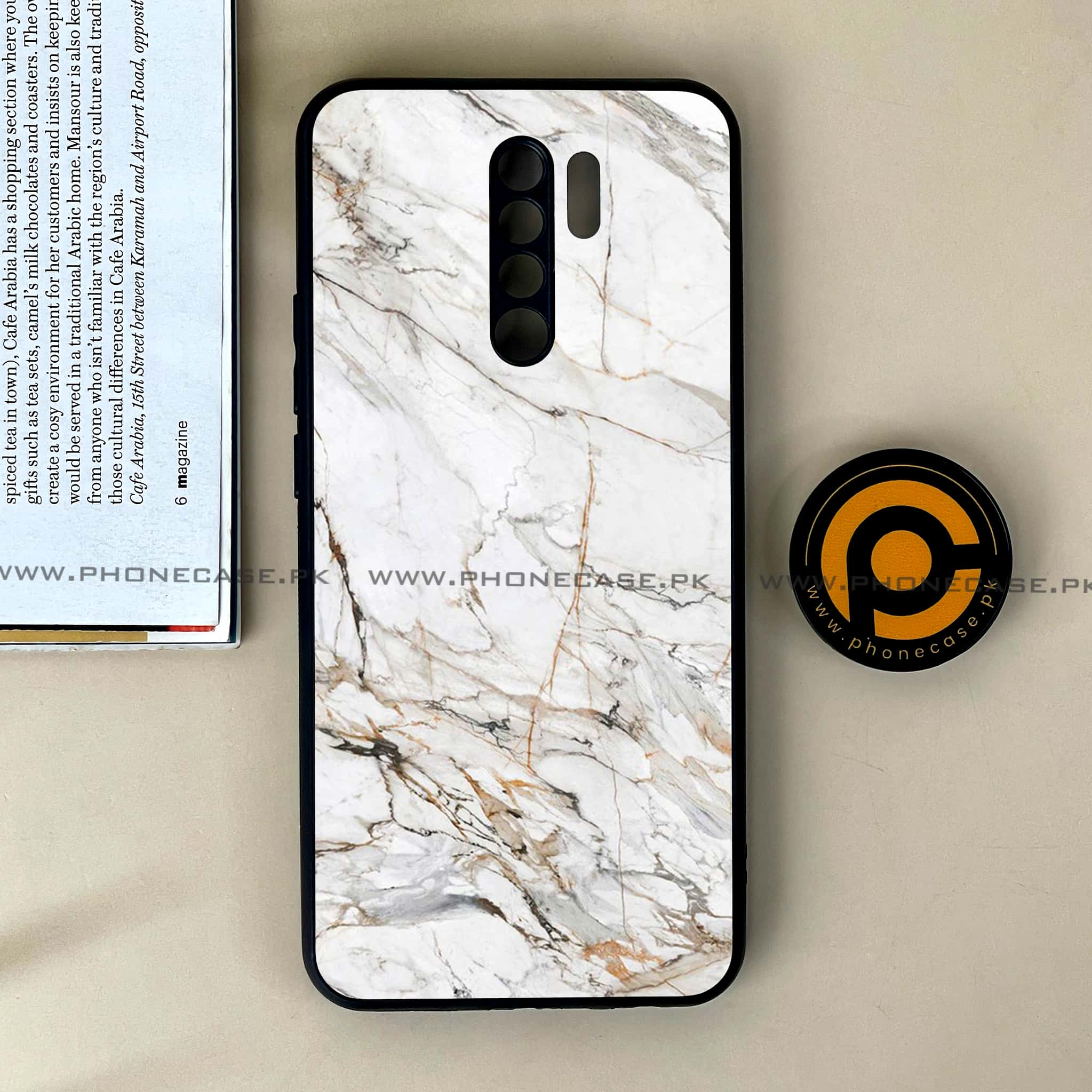 Xiaomi Redmi 9 - White Marble Series - Premium Printed Glass soft Bumper shock Proof Case