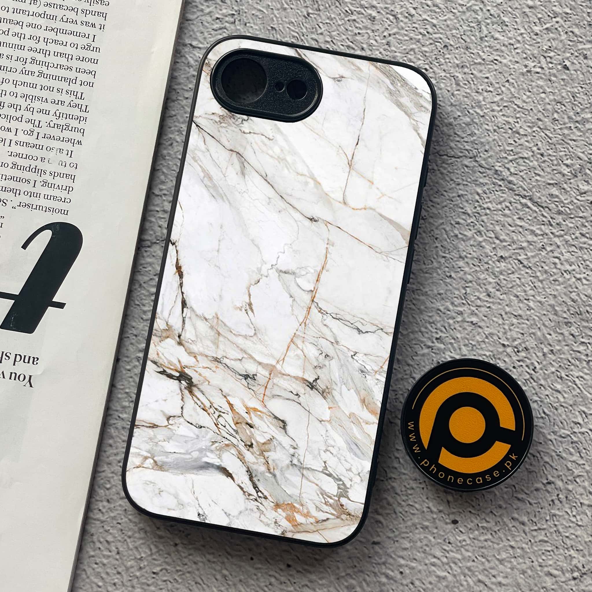 iPhone 16e - White Marble Series - Premium Metal  Printed soft Bumper shock Proof Case