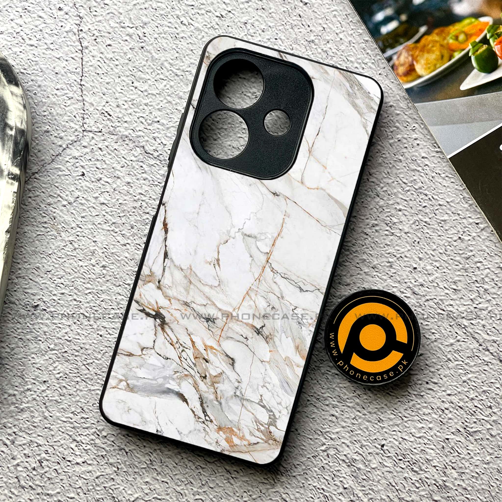 Oppo A5i - White Marble Series - Premium Metal Printed soft Bumper shock Proof Case