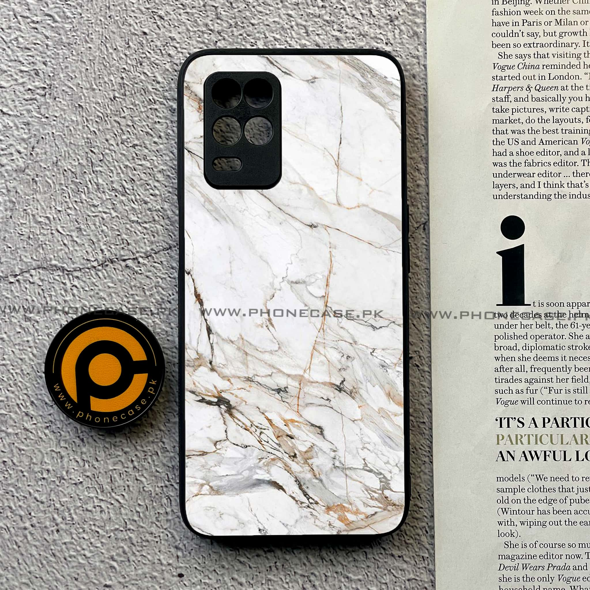 Realme Narzo 30 5G - White Marble Series - Premium Printed Glass soft Bumper shock Proof Case