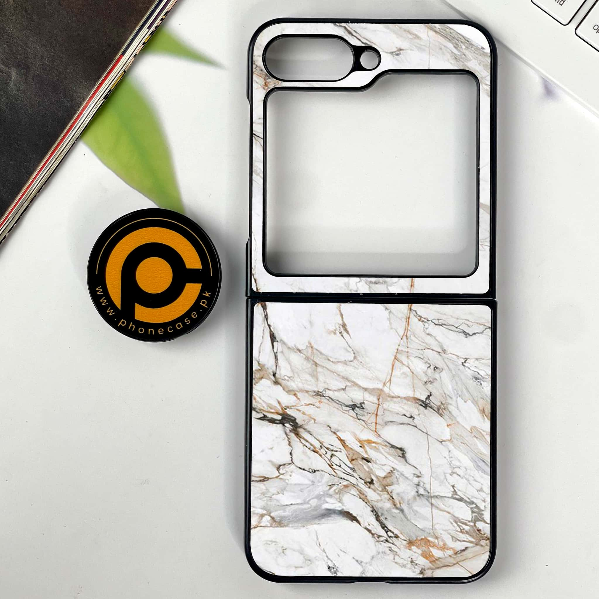 Galaxy Z Flip 6 - White Marble series - Premium Printed Glass soft Bumper shock Proof Case