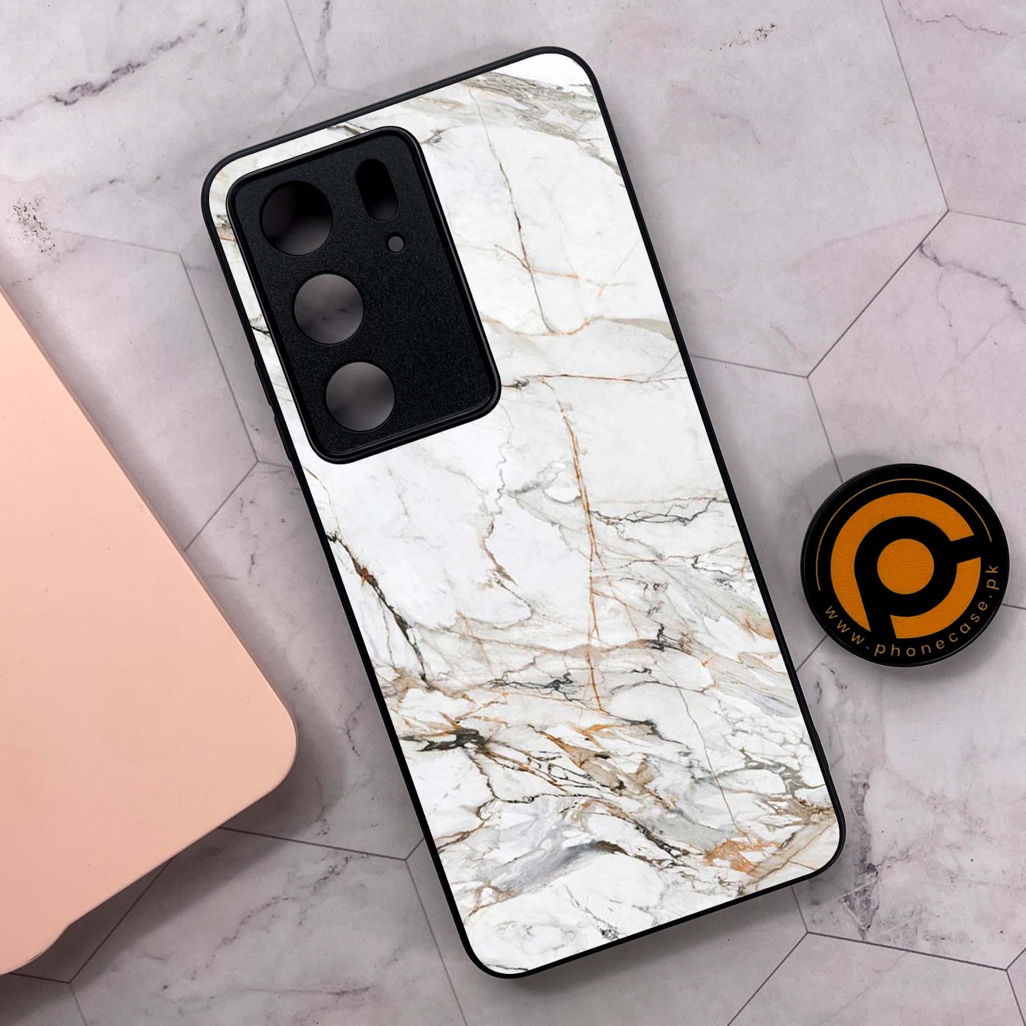 Realme C75x 4G - White Marble Series - Premium Metal Printed soft Bumper shock Proof Case