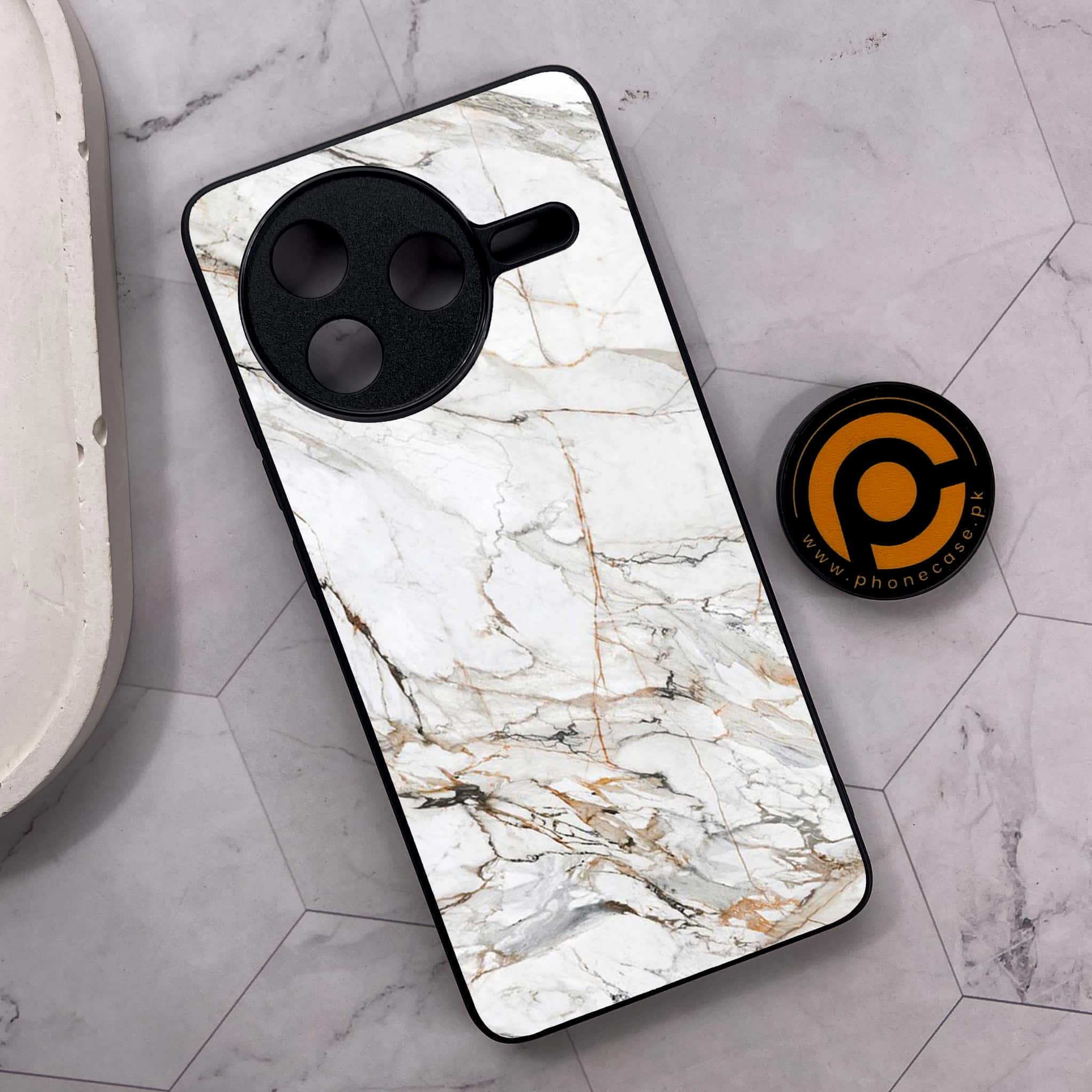 Xiaomi Poco F7 Pro 5G - White Marble Series - Premium Metal Printed soft Bumper shock Proof Case