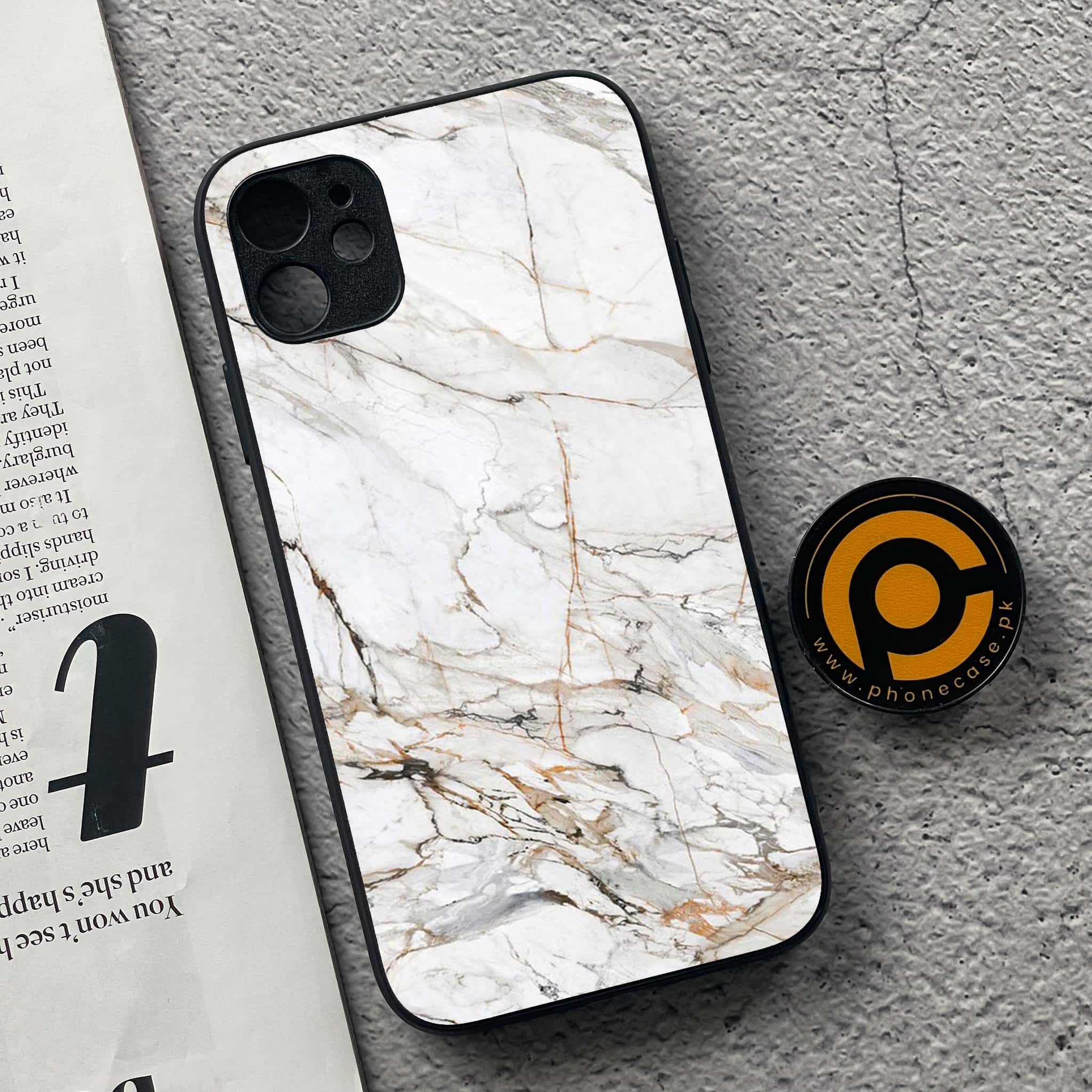 iPhone 11 White Marble Series  Premium Printed Glass soft Bumper shock Proof Case